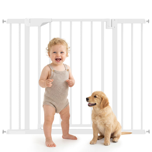 Baby Gate, 30"-32", 33"-35", 35"-37", 38"-40"W Pet Gate with 2 Extension Kits, Auto-Close, Two-Way Open, Pressure Mounted for Stair, Doorways and Hallways, 30"H, White