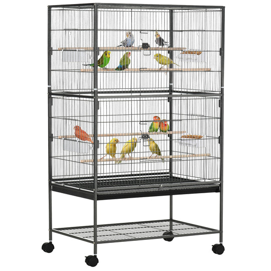 52" Large Rolling Steel Bird Cage Bird House with Rolling Stand, Storage Shelf, Wood Perch, Food Container, Dark Grey