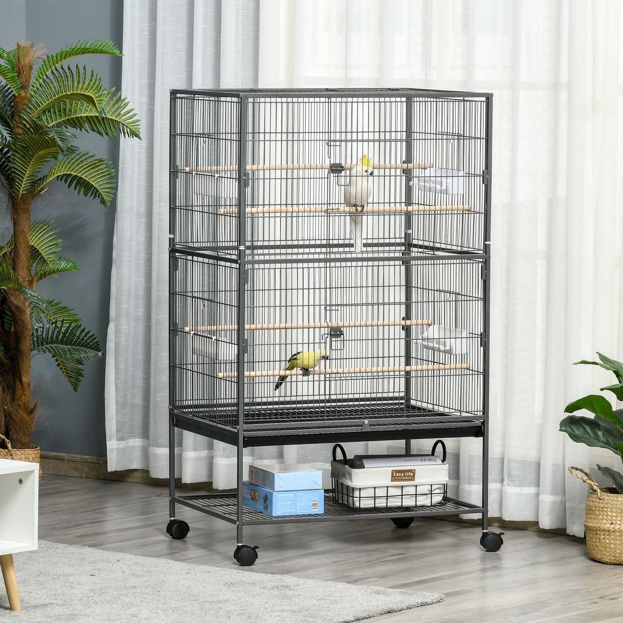 52" Large Rolling Steel Bird Cage Bird House with Rolling Stand, Storage Shelf, Wood Perch, Food Container, Dark Grey