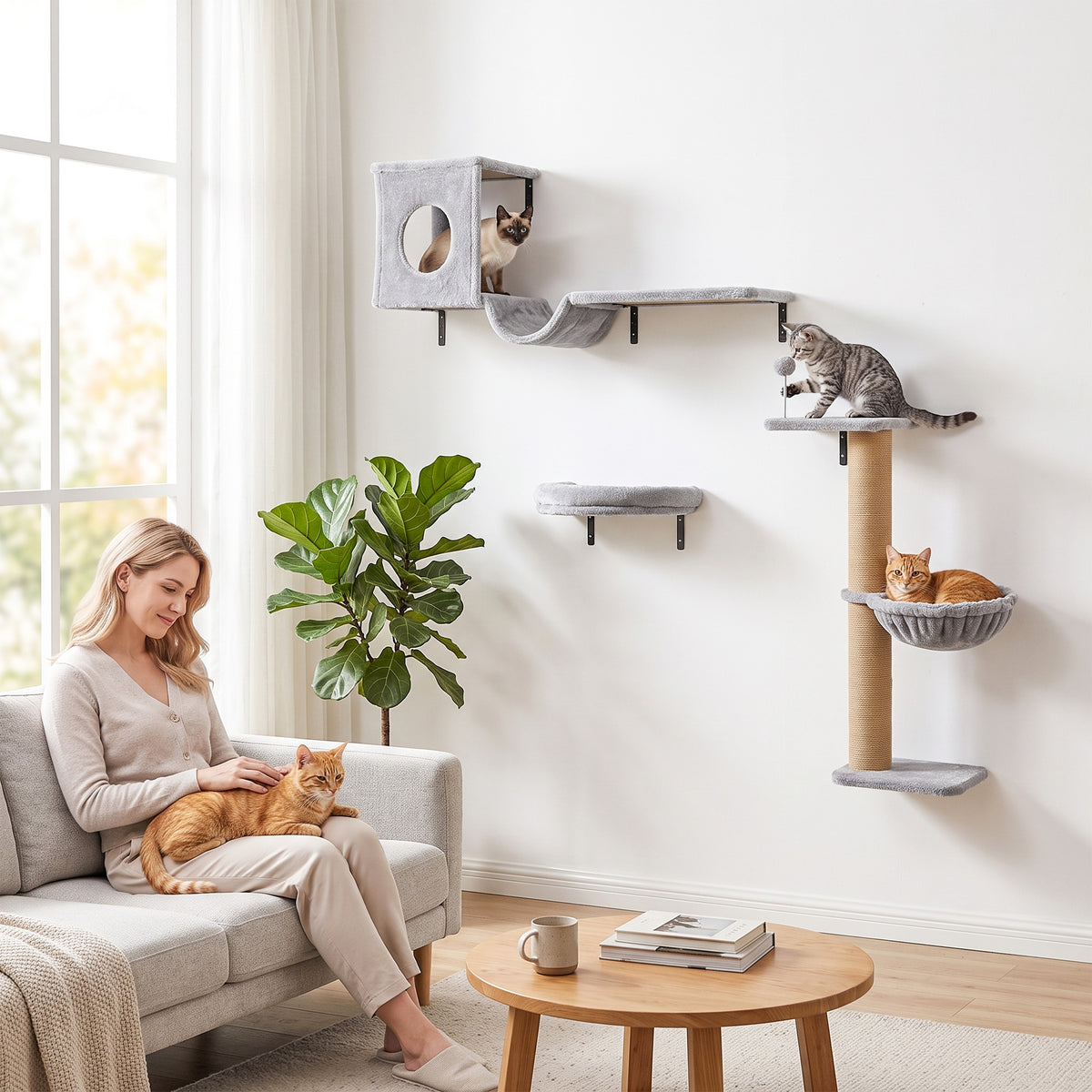 3-In-1 Cat Wall Shelves, Wooden Cat Climbing Furniture with Condo, Bed, Hammock, Scratching Post and Spring Ball, Space-Saving Wall Mounted Kitty Shelves for Indoor Kittens, Gray