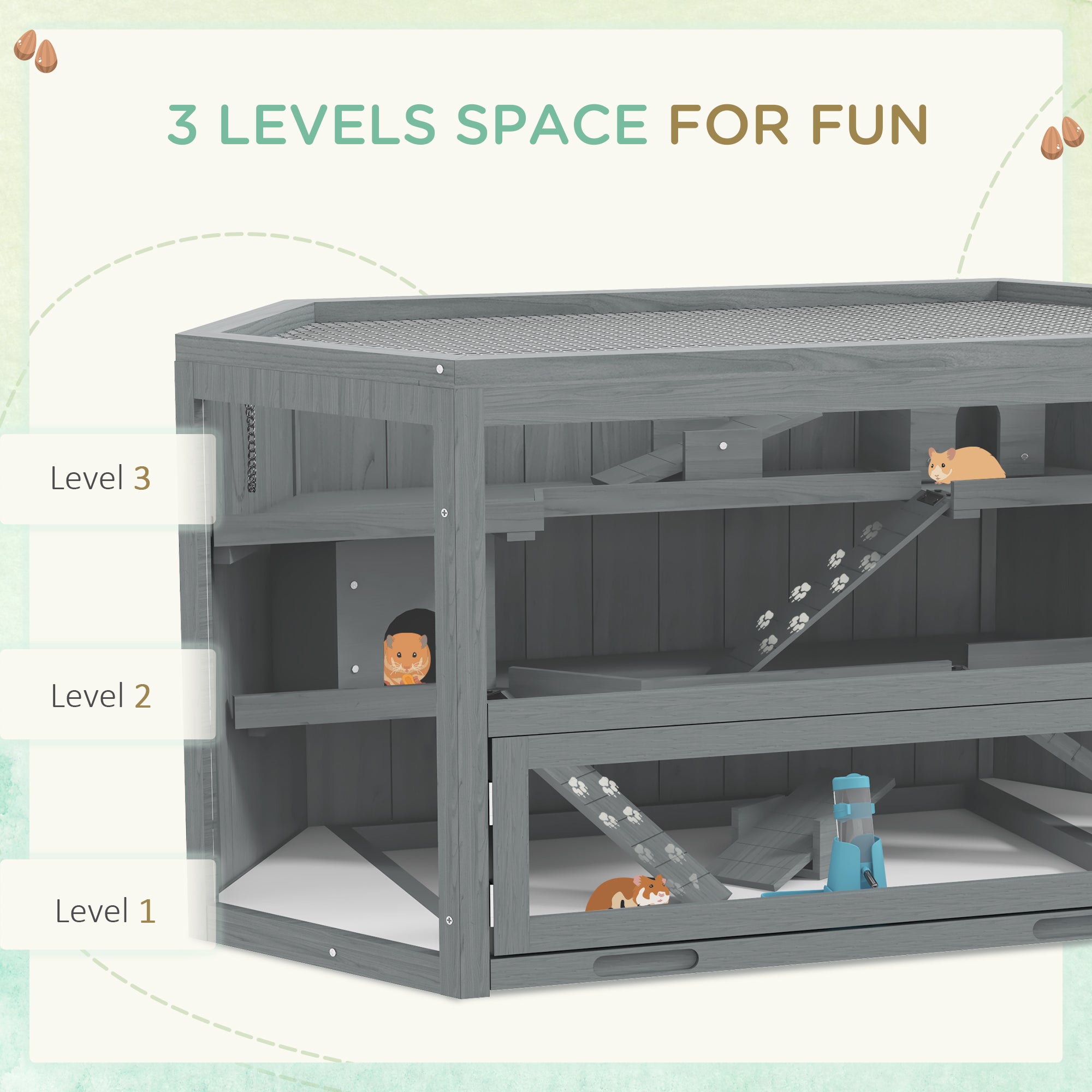 Wooden Large Hamster Cage Small Animal Exercise Play House 3 Tier with Sliding Tray, Seesaws, Water Bottle, Grey