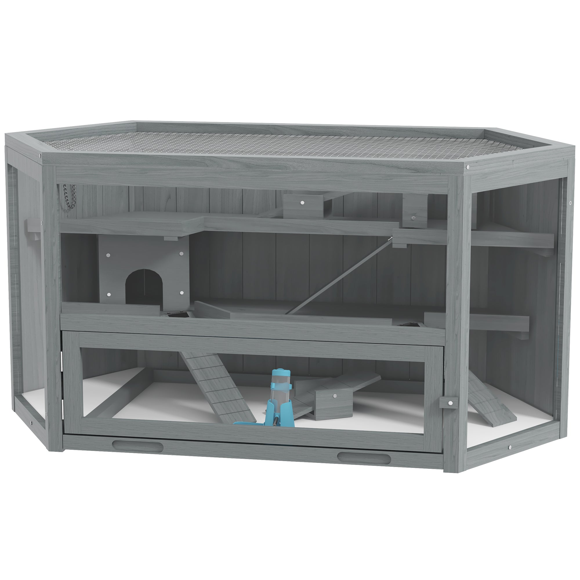 Wooden Large Hamster Cage Small Animal Exercise Play House 3 Tier with Sliding Tray, Seesaws, Water Bottle, Grey