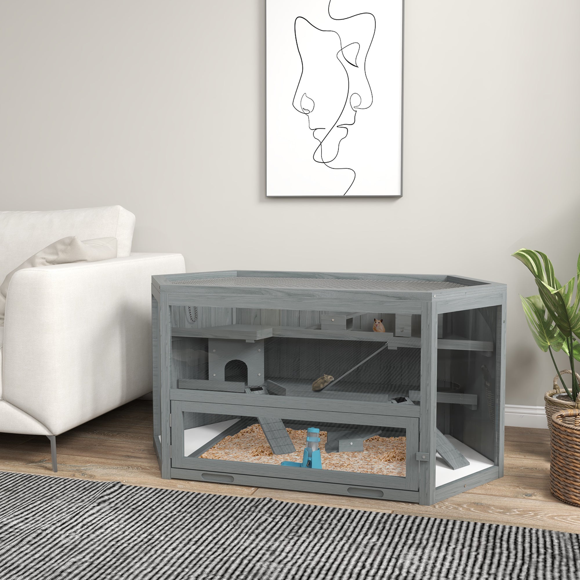 Wooden Large Hamster Cage Small Animal Exercise Play House 3 Tier with Sliding Tray, Seesaws, Water Bottle, Grey