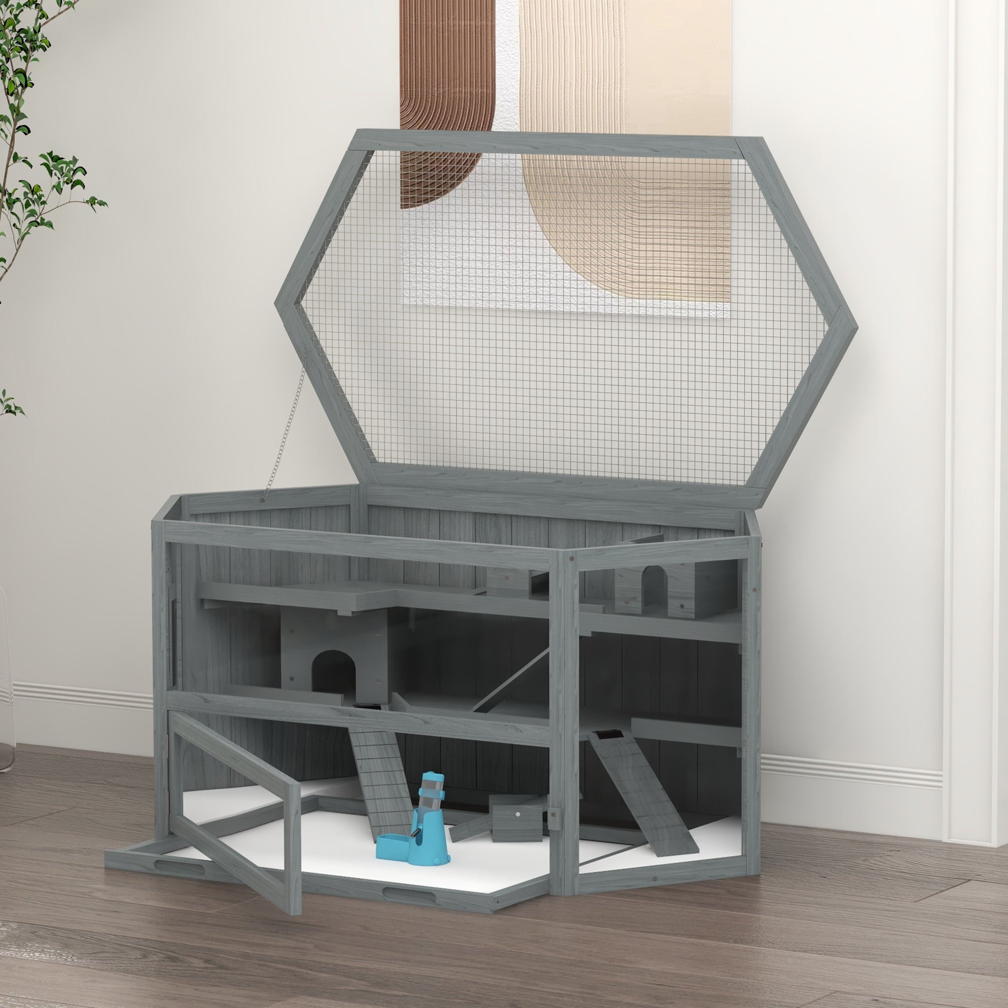Wooden Large Hamster Cage Small Animal Exercise Play House 3 Tier with Sliding Tray, Seesaws, Water Bottle, Grey
