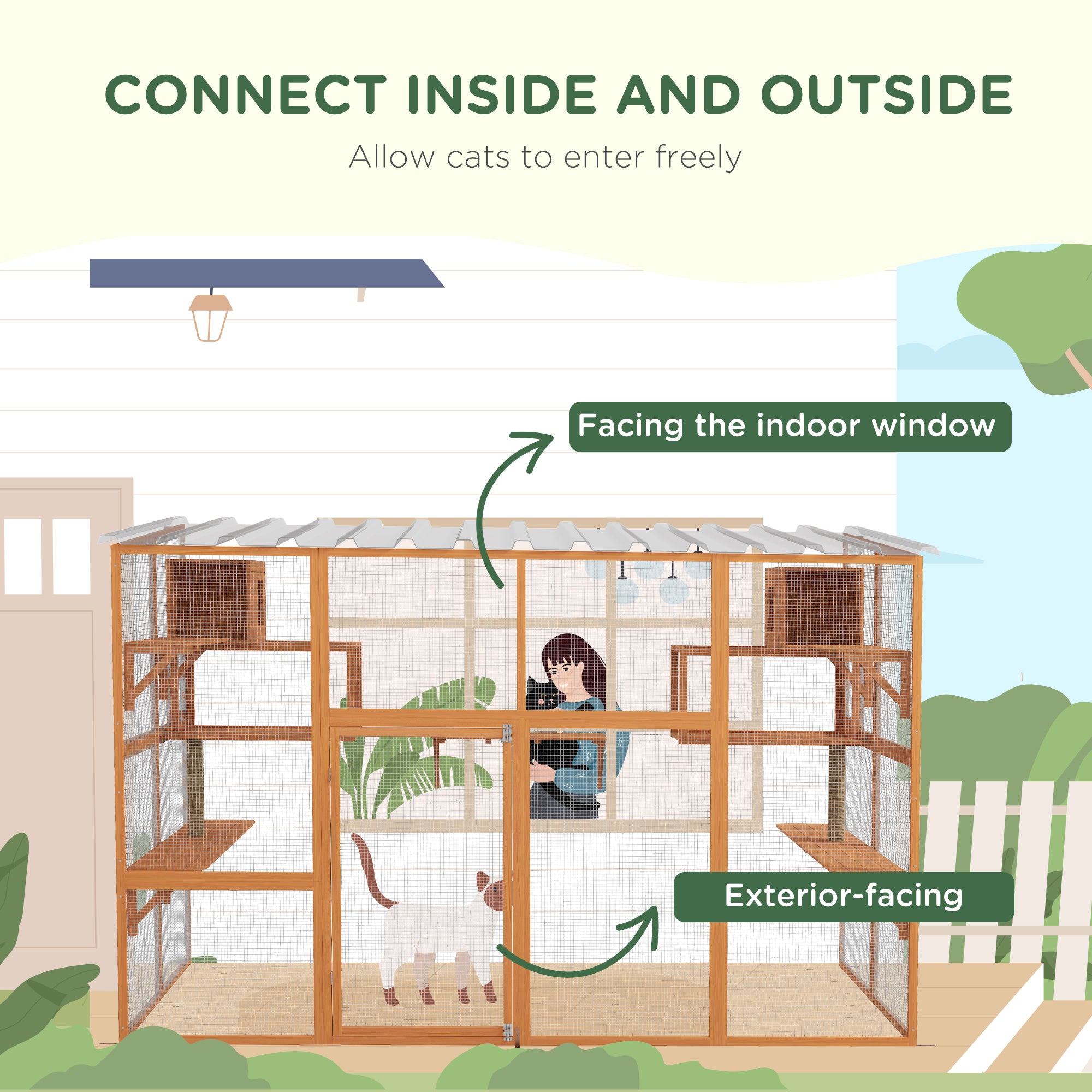 PawHut Catio, Outdoor Cat Enclosure Window Box, Wooden Cat House Playground with Scratching Posts, Weather Protection Roof for 1-5 Kitties, Resting Boxes, 118" x 55" x 75.5", Orange