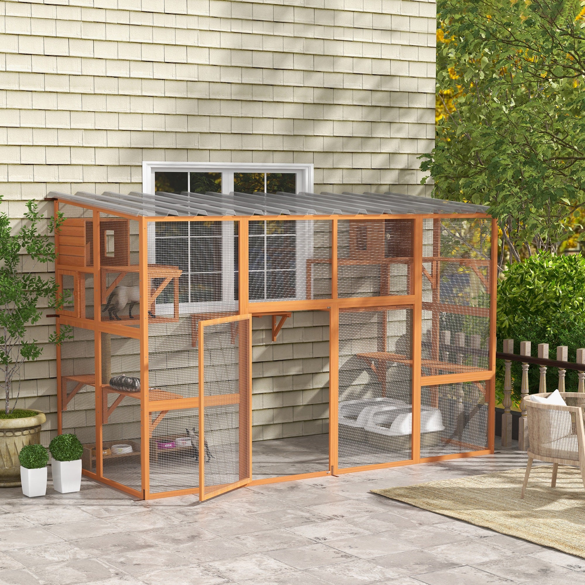 PawHut Catio, Outdoor Cat Enclosure Window Box, Wooden Cat House Playground with Scratching Posts, Weather Protection Roof for 1-5 Kitties, Resting Boxes, 118" x 55" x 75.5", Orange