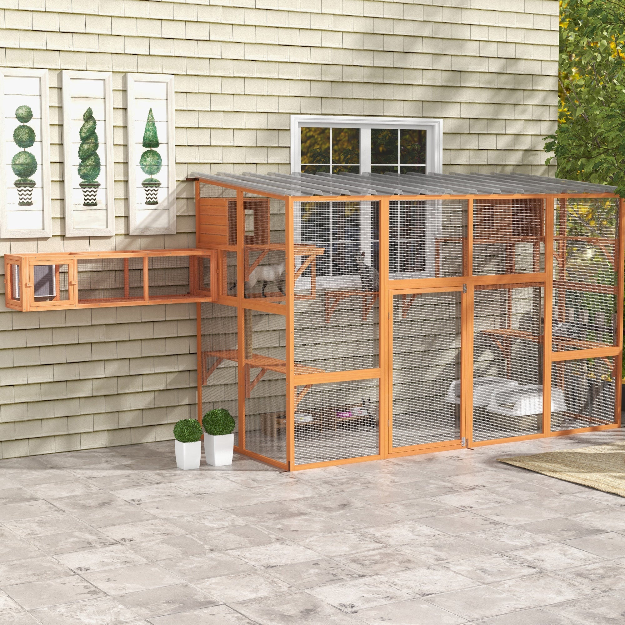 PawHut Catio, Outdoor Cat Enclosure Window Box, Wooden Cat House Playground with Scratching Posts, Weather Protection Roof for 1-5 Kitties, Resting Boxes, 118" x 55" x 75.5", Orange