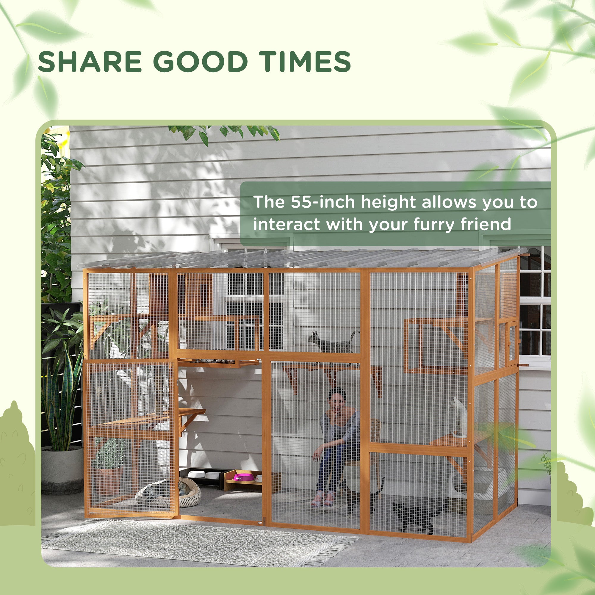 PawHut Catio, Outdoor Cat Enclosure Window Box, Wooden Cat House Playground with Scratching Posts, Weather Protection Roof for 1-5 Kitties, Resting Boxes, 118" x 55" x 75.5", Orange