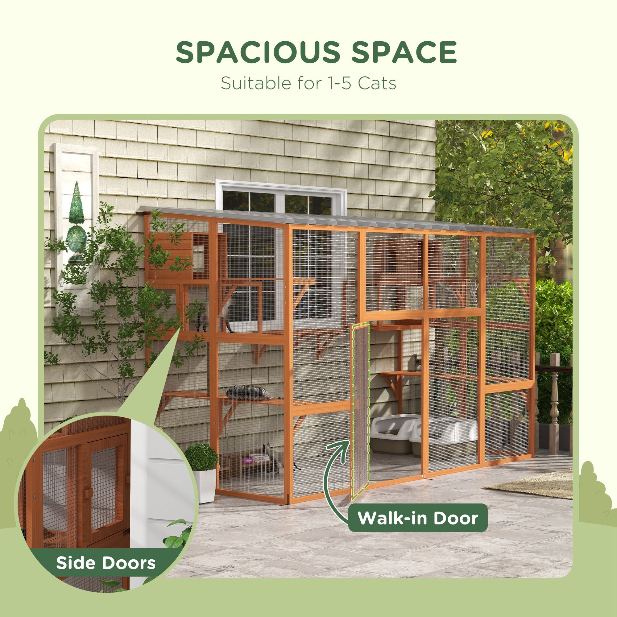 PawHut Catio, Outdoor Cat Enclosure Window Box, Wooden Cat House Playground with Scratching Posts, Weather Protection Roof for 1-5 Kitties, Resting Boxes, 118" x 55" x 75.5", Orange