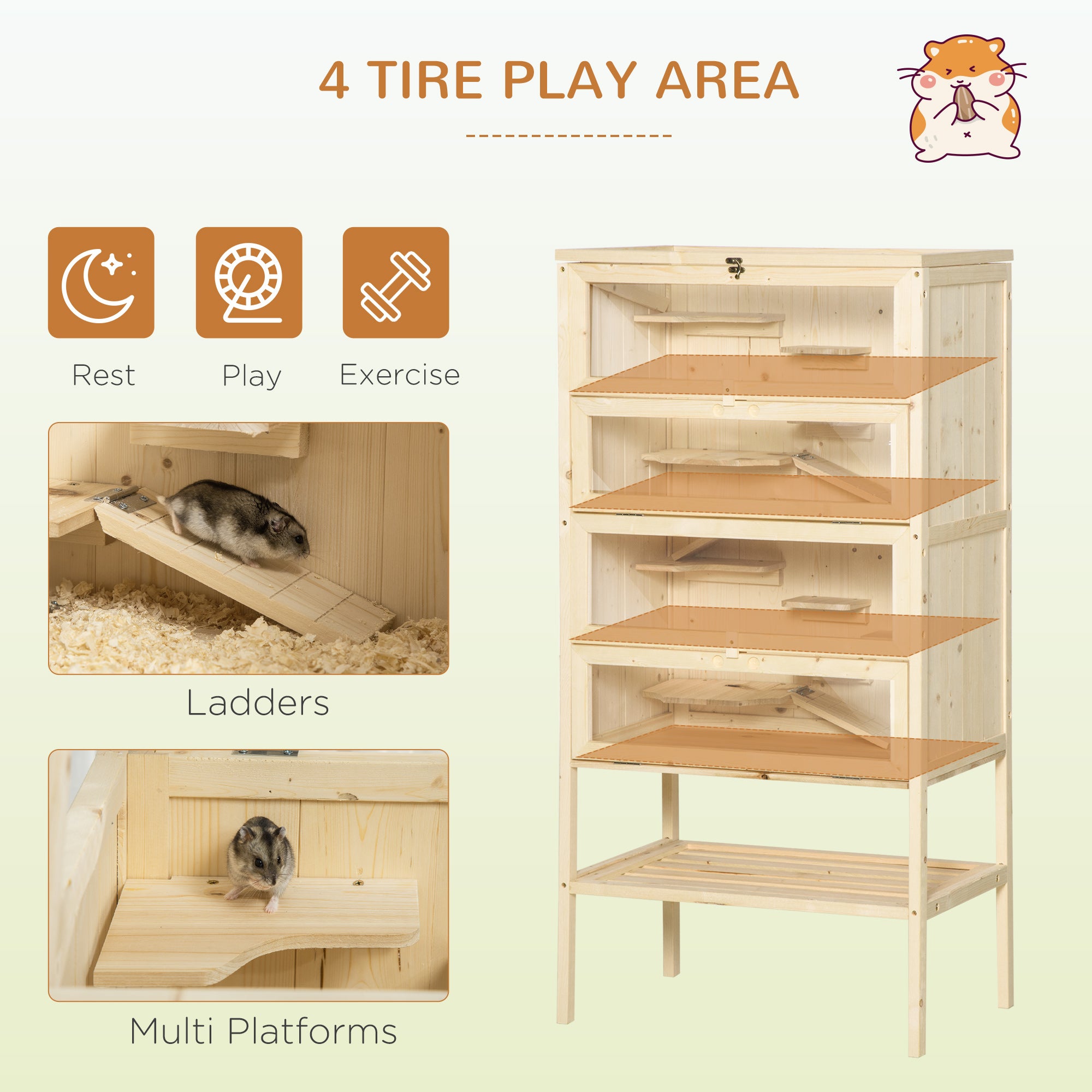 Fir Wood Hamster Cage Mouse Rats Small Animals Play House Exercise Activity Center, 47.25"H