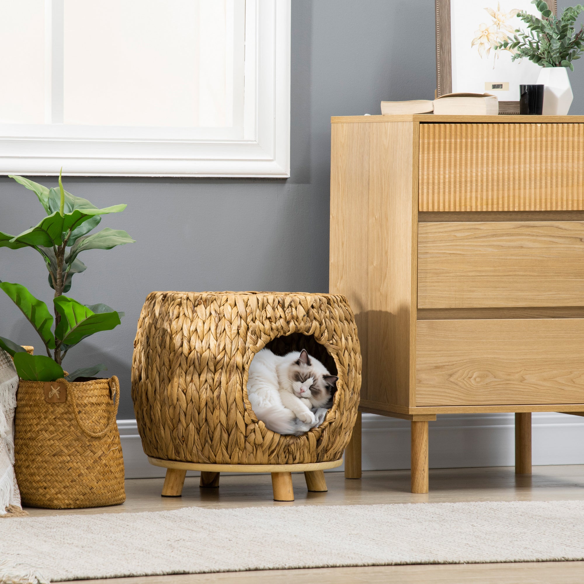 Wicker Cat Bed, Rattan Kitten Bed with Washable Cushion, Elevated Pet Bed for Indoor Cats, Light Brown