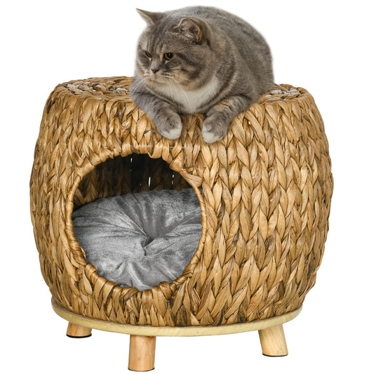 Wicker Cat Bed, Rattan Kitten Bed with Washable Cushion, Elevated Pet Bed for Indoor Cats, Light Brown