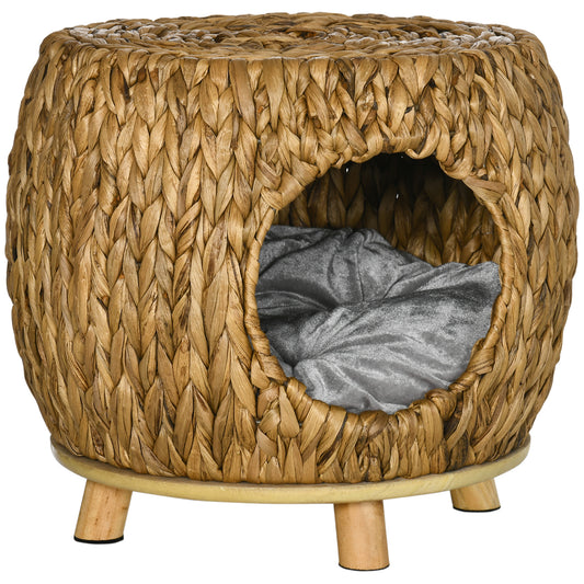 Wicker Cat Bed, Rattan Kitten Bed with Washable Cushion, Elevated Pet Bed for Indoor Cats, Light Brown