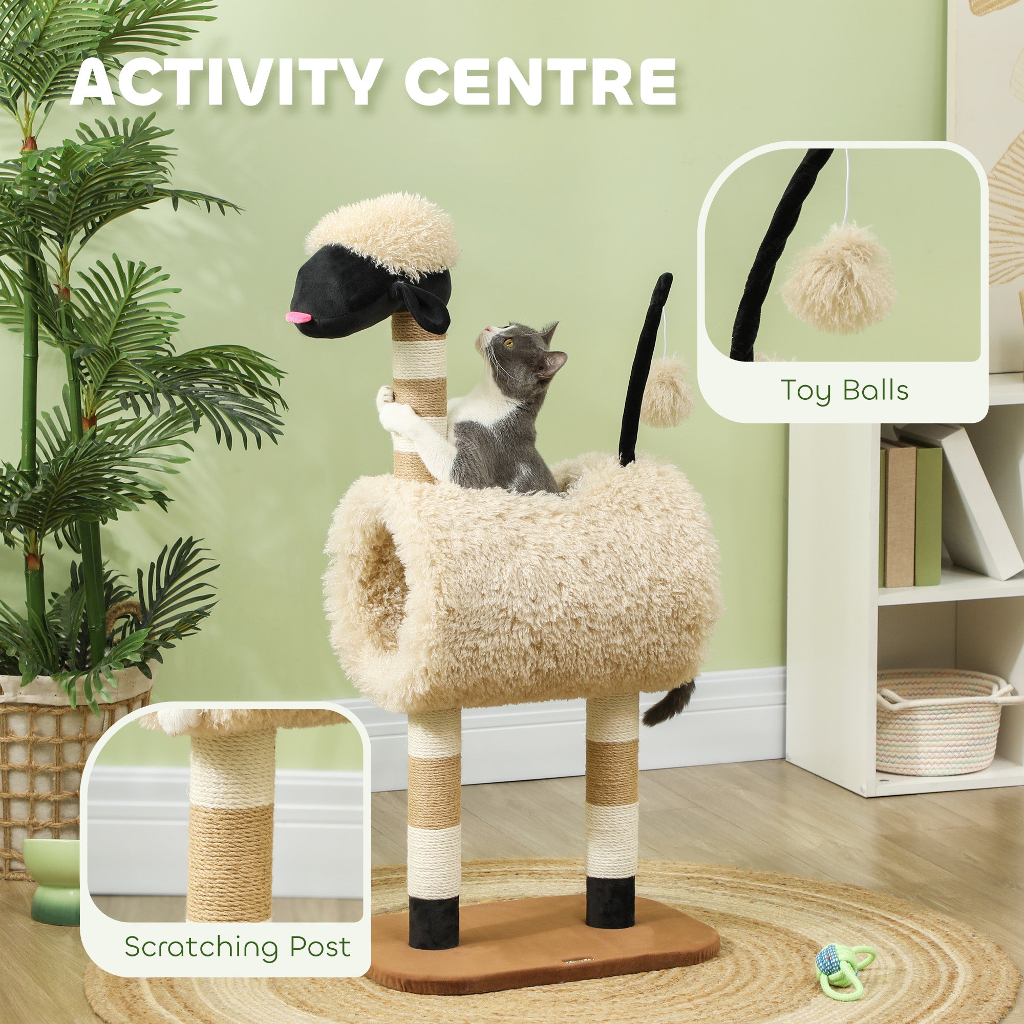 Cat Tree Sheep Design, 98 cm Multi-Level Cat Tower with Scratching Posts, Tunnel & Play Ball for Indoor Kitten Climbing, Playing, Relaxing, Easy Assembly, Light Brown