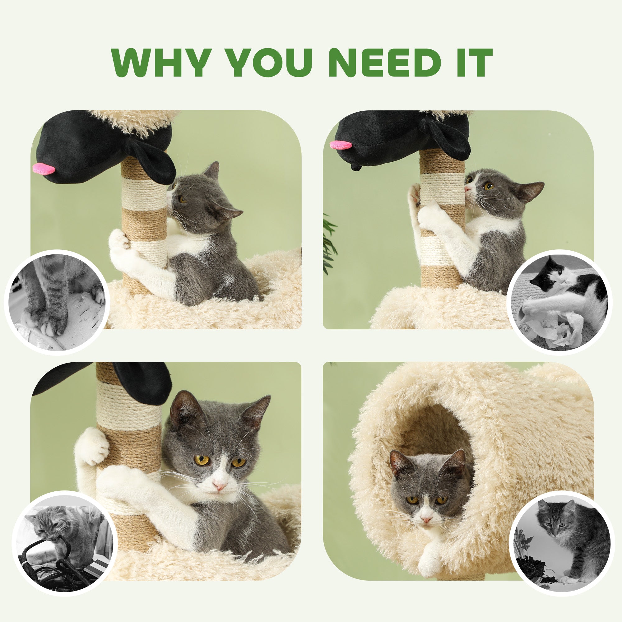 Cat Tree Sheep Design, 98 cm Multi-Level Cat Tower with Scratching Posts, Tunnel & Play Ball for Indoor Kitten Climbing, Playing, Relaxing, Easy Assembly, Light Brown