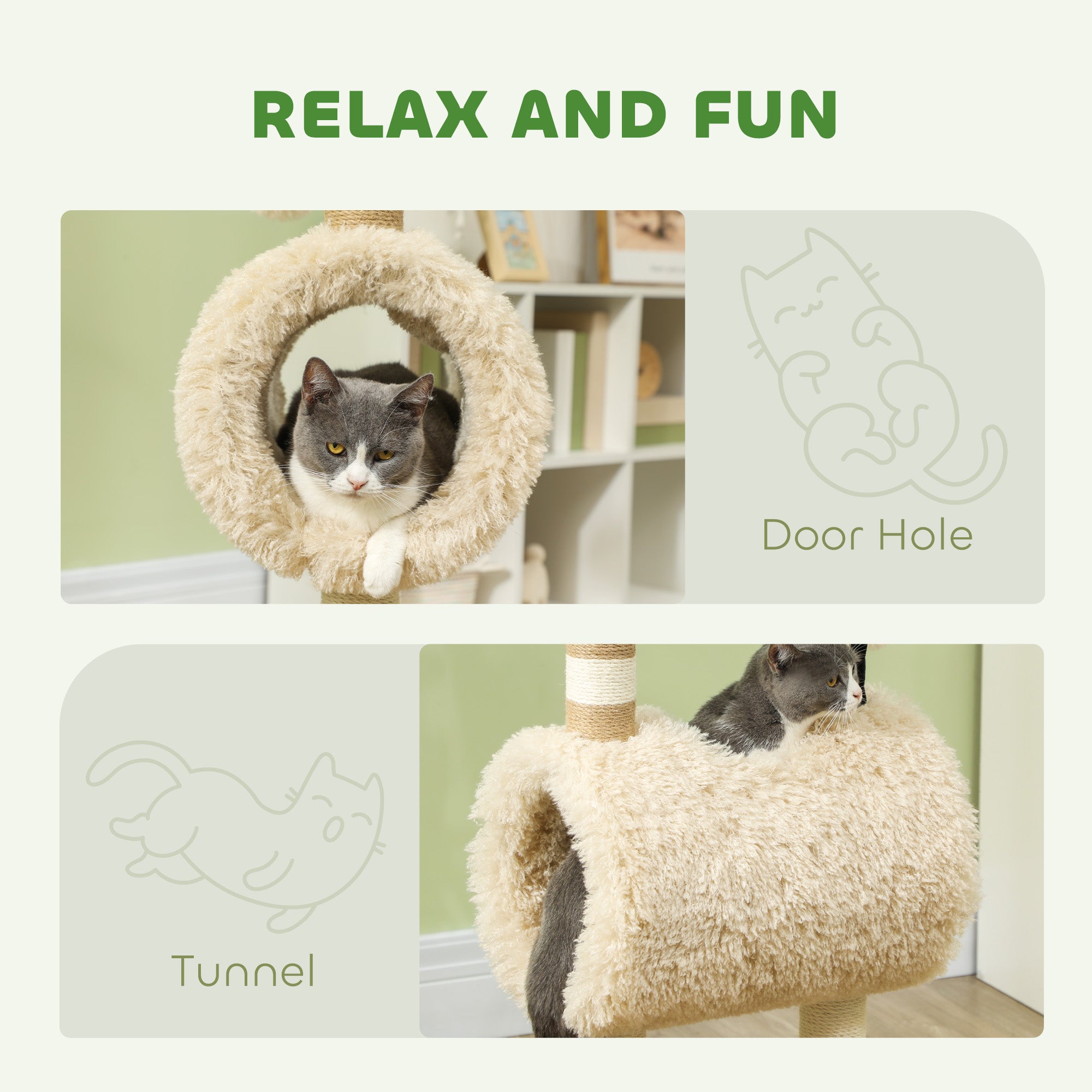Cat Tree Sheep Design, 98 cm Multi-Level Cat Tower with Scratching Posts, Tunnel & Play Ball for Indoor Kitten Climbing, Playing, Relaxing, Easy Assembly, Light Brown