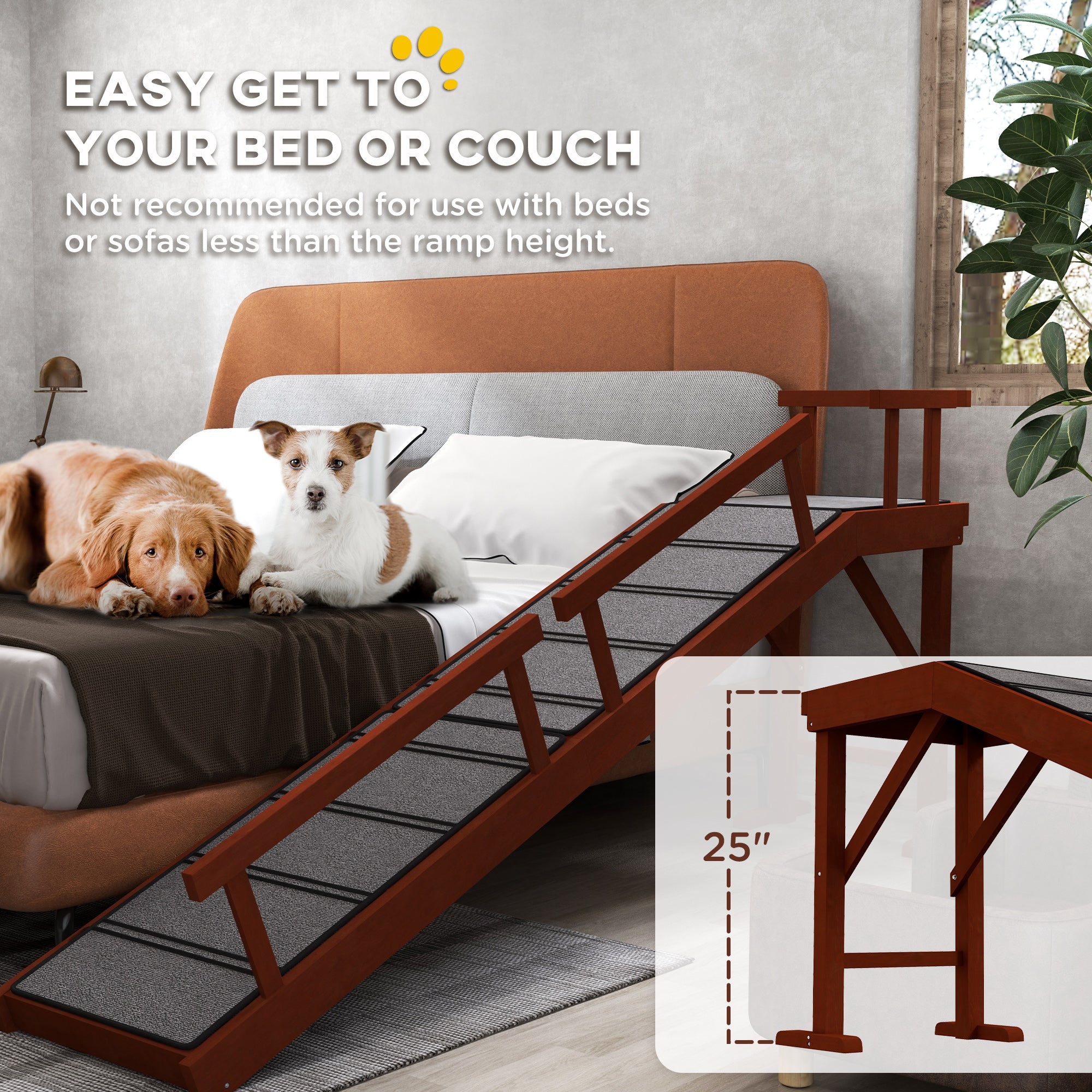 Wooden Dog Ramp for Large Dogs, 73" Long Pet Ramp with Non-slip Rug, Removable Guardrails, Dog Stairs for Couch, Bed, Brown