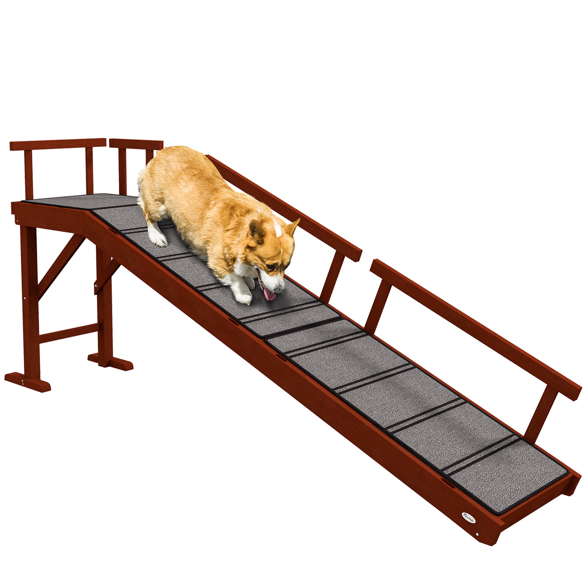 Wooden Dog Ramp for Large Dogs, 73" Long Pet Ramp with Non-slip Rug, Removable Guardrails, Dog Stairs for Couch, Bed, Brown