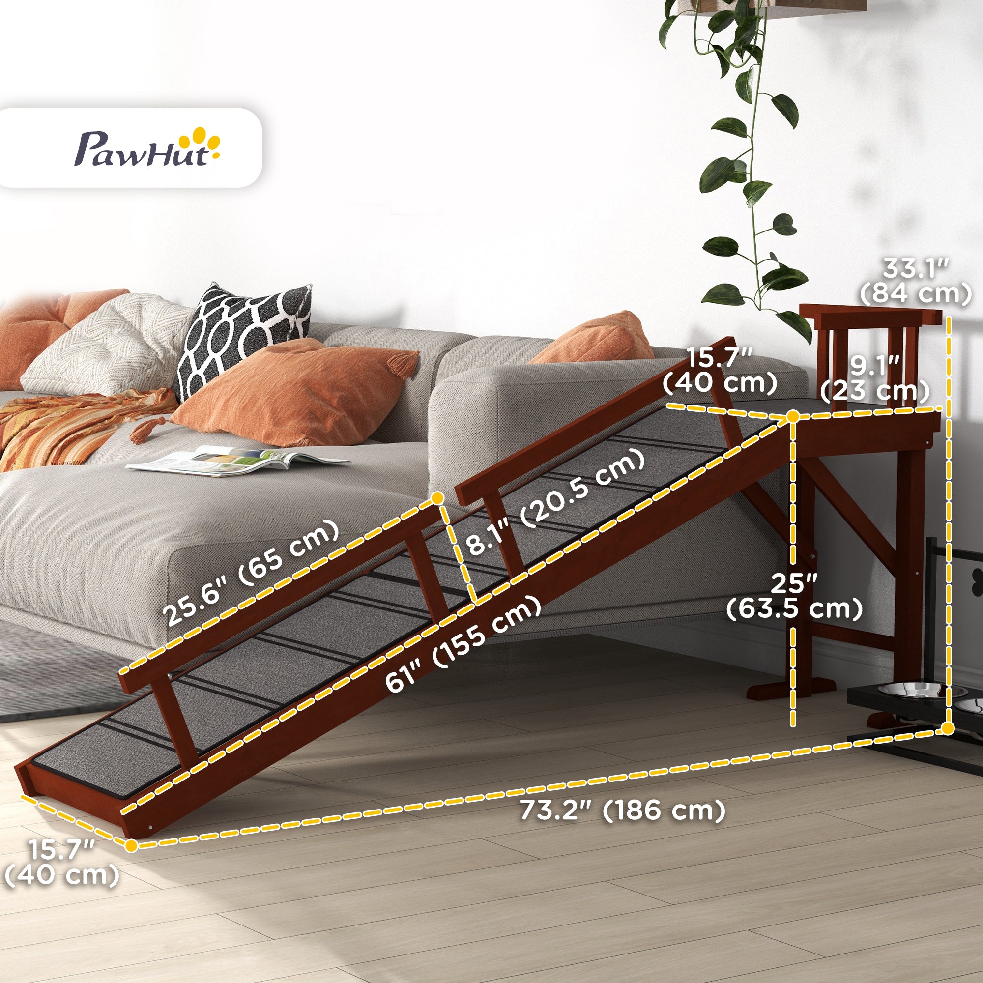 Wooden Dog Ramp for Large Dogs, 73" Long Pet Ramp with Non-slip Rug, Removable Guardrails, Dog Stairs for Couch, Bed, Brown