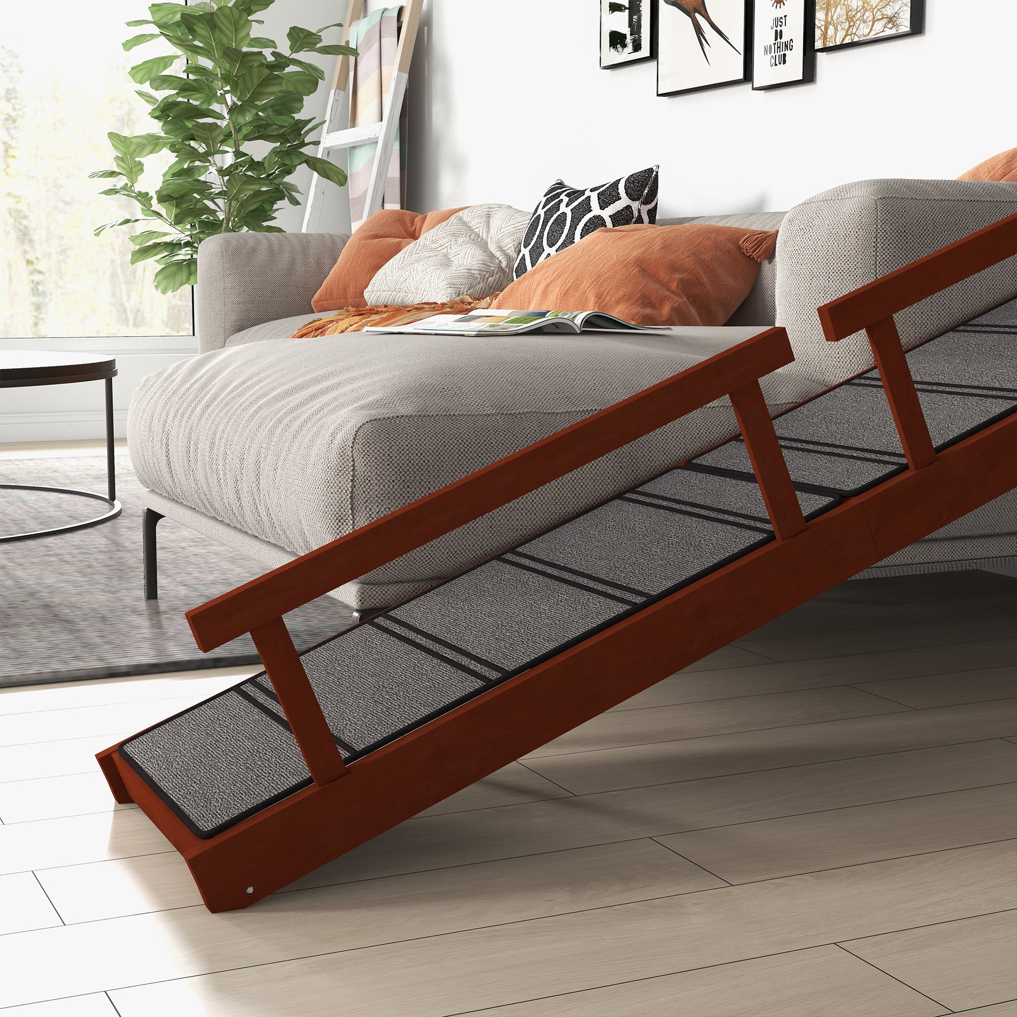 Wooden Dog Ramp for Large Dogs, 73" Long Pet Ramp with Non-slip Rug, Removable Guardrails, Dog Stairs for Couch, Bed, Brown