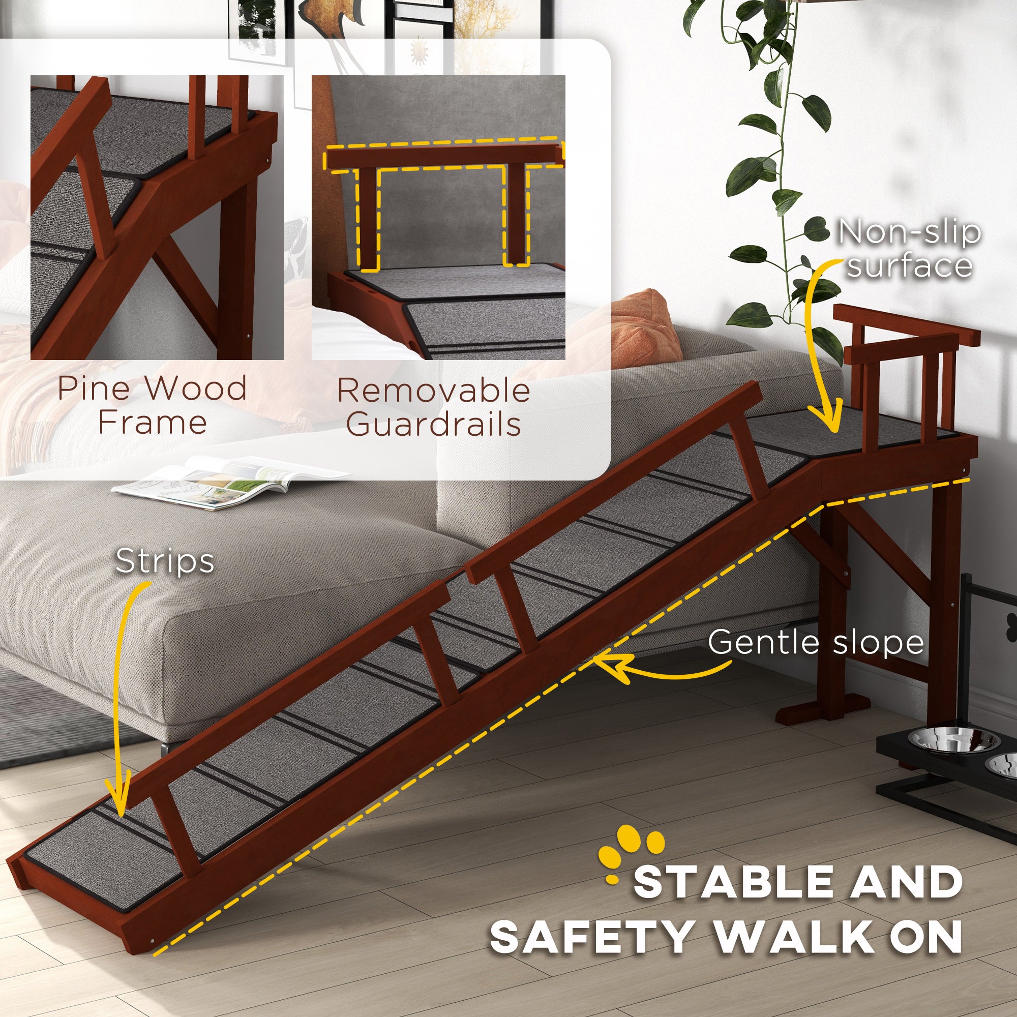 Wooden Dog Ramp for Large Dogs, 73" Long Pet Ramp with Non-slip Rug, Removable Guardrails, Dog Stairs for Couch, Bed, Brown