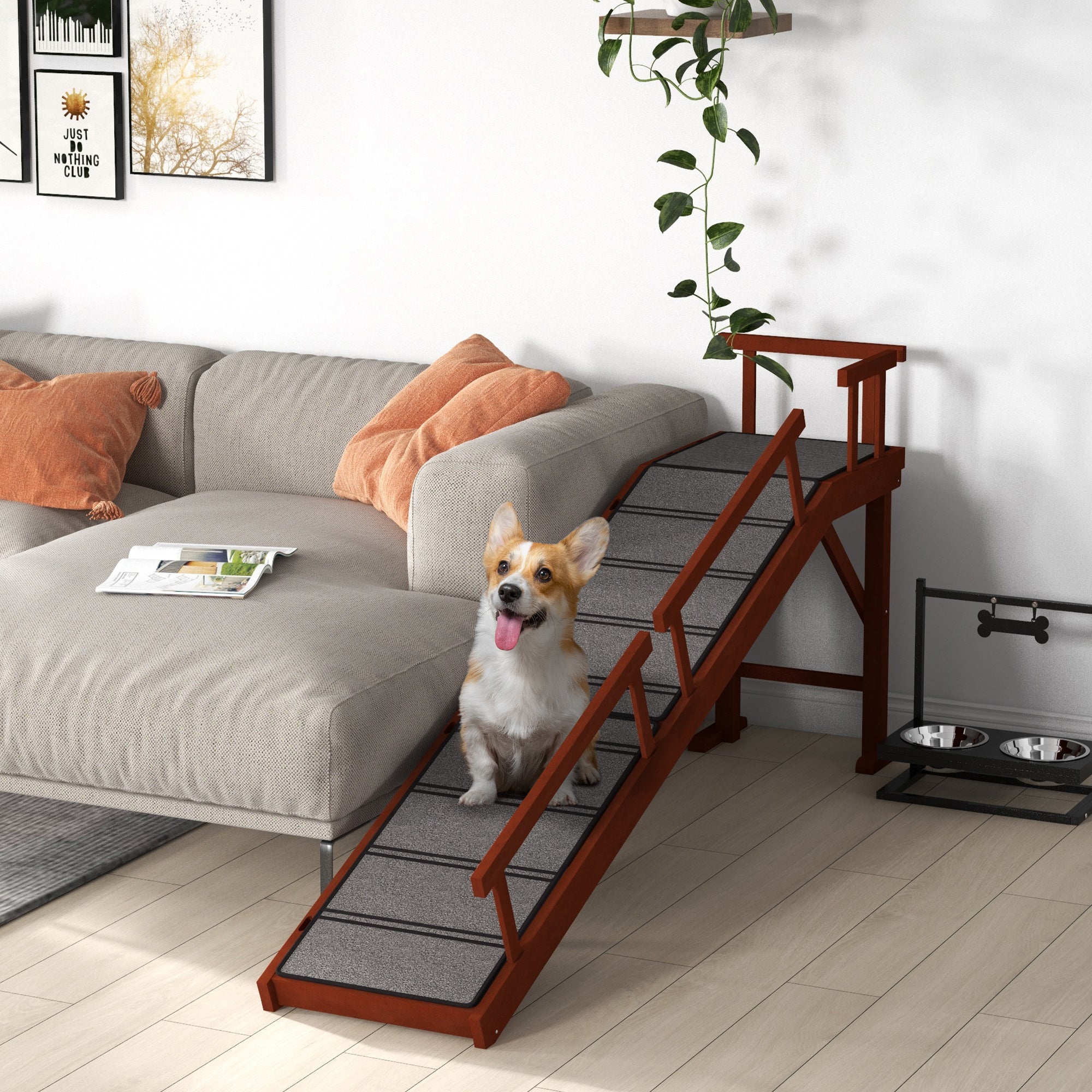 Wooden Dog Ramp for Large Dogs, 73" Long Pet Ramp with Non-slip Rug, Removable Guardrails, Dog Stairs for Couch, Bed, Brown