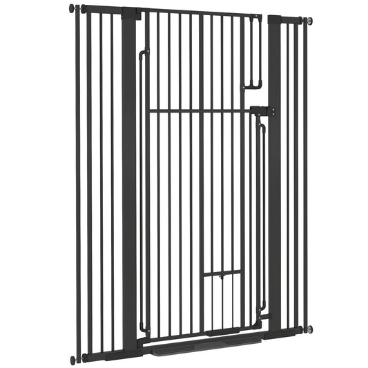 135cm Tall Pet Gate with Cat Door, 81-108 cm Wide Adjustable Pressure Mounted Dog Gate for Doorways, Hallways, Stairs, Includes 2 Extensions, No Drilling, Black