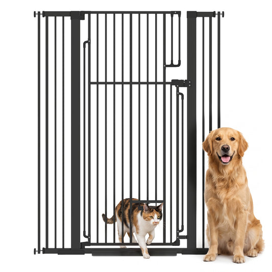 135cm Tall Pet Gate with Cat Door, 81-108 cm Wide Adjustable Pressure Mounted Dog Gate for Doorways, Hallways, Stairs, Includes 2 Extensions, No Drilling, Black