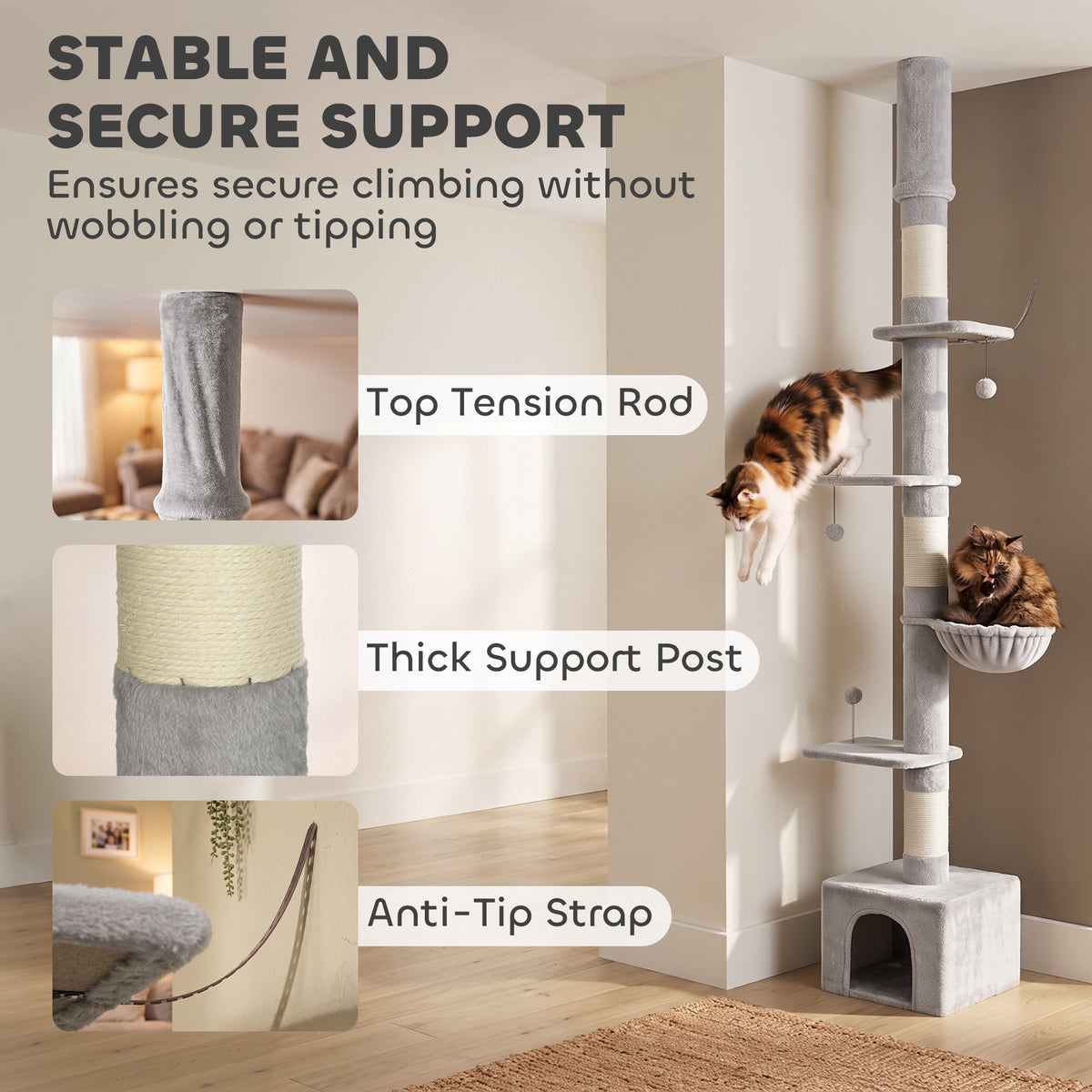 Floor to Ceiling Cat Tree, 230-250cm Multi-Level Cat Tower with Adjustable Height, Scratching Posts, Condo, Platforms and 3 Dangling Balls, Activity Tree for Indoor Kittens, Light Grey