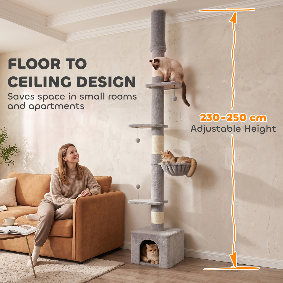 Floor to Ceiling Cat Tree, 230-250cm Multi-Level Cat Tower with Adjustable Height, Scratching Posts, Condo, Platforms and 3 Dangling Balls, Activity Tree for Indoor Kittens, Light Grey