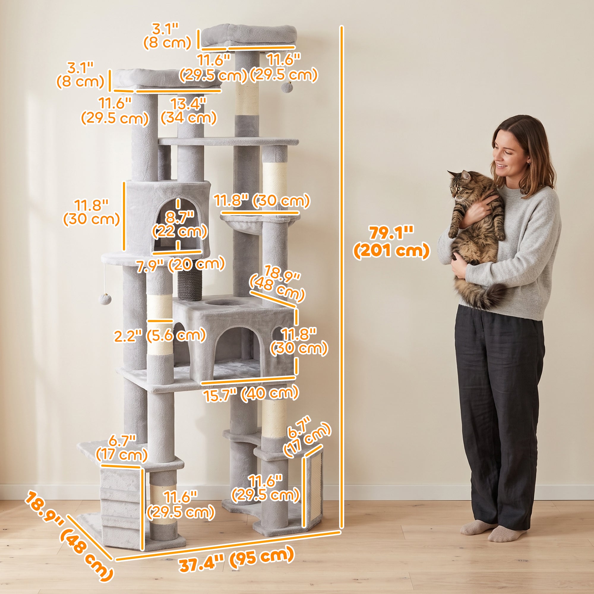 79" Tall Cat Tree for Indoor Large Cats Adult, Multi-Level Kitty Tower Split Baseboard, 2 Condos, 2 Beds, 5 Sisal Scratching Posts, Hammock, Self-Grooming Brush