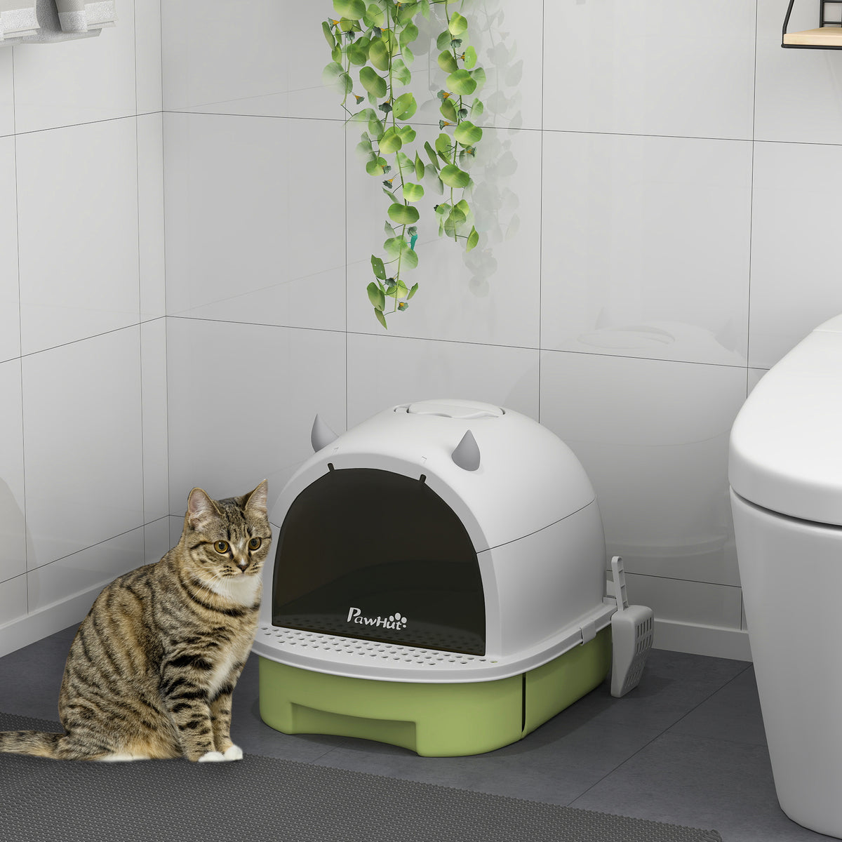Cat Litter Tray with Lid, Enclosed Cat Litter Box with Pull-Out Drawer, Scoop, Deodorising Bags for Odour Control, Privacy, Portable, Easy to Clean, Green