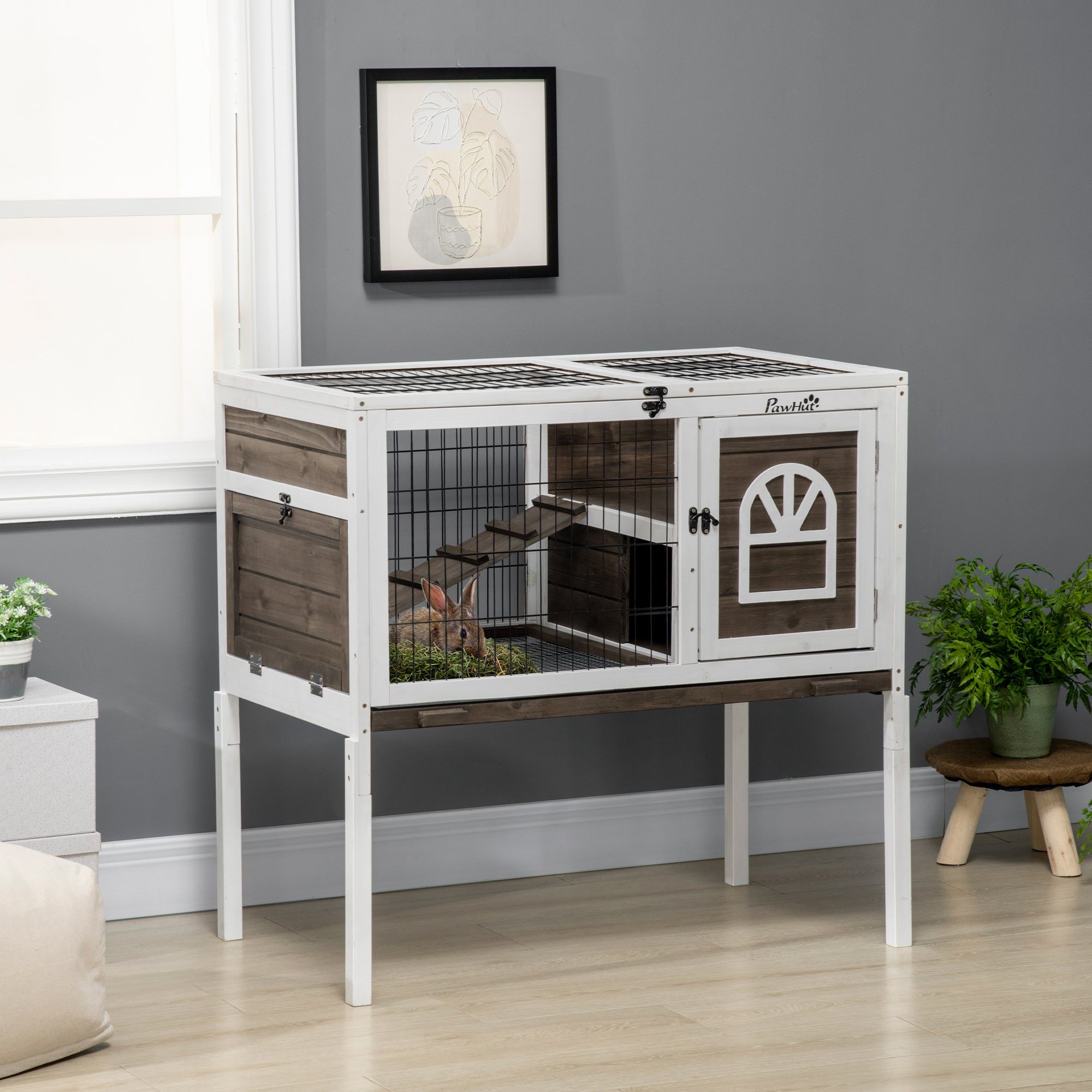 PawHut Wooden Rabbit Hutch, Indoor Elevated Guinea Pig Cage with Run, Ladder, Lockable Doors and Removable Tray, Coffee