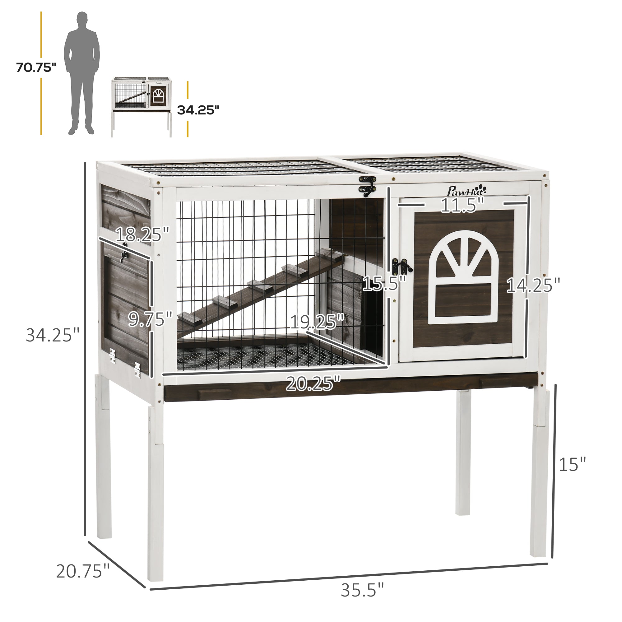 PawHut Wooden Rabbit Hutch, Indoor Elevated Guinea Pig Cage with Run, Ladder, Lockable Doors and Removable Tray, Coffee