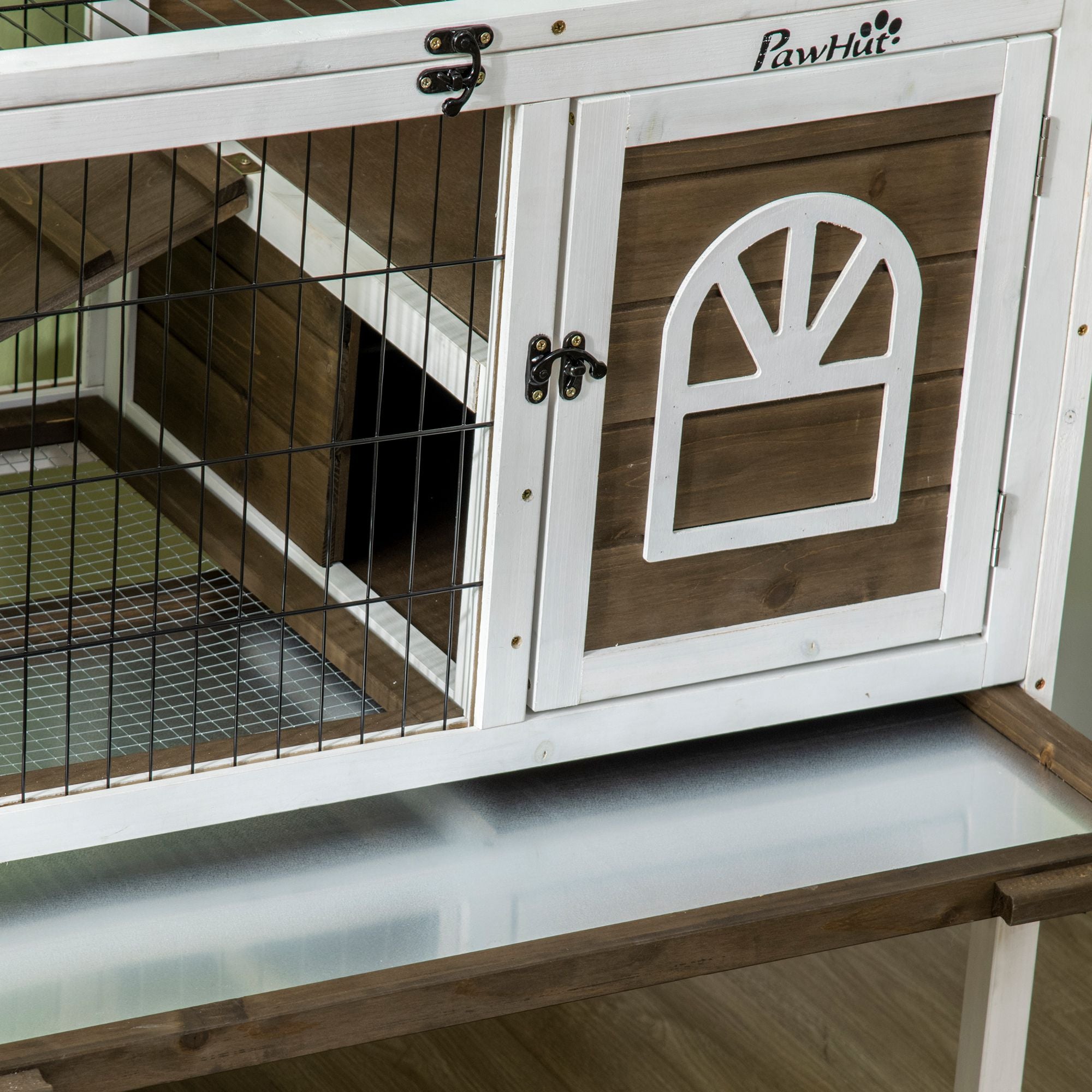 PawHut Wooden Rabbit Hutch, Indoor Elevated Guinea Pig Cage with Run, Ladder, Lockable Doors and Removable Tray, Coffee