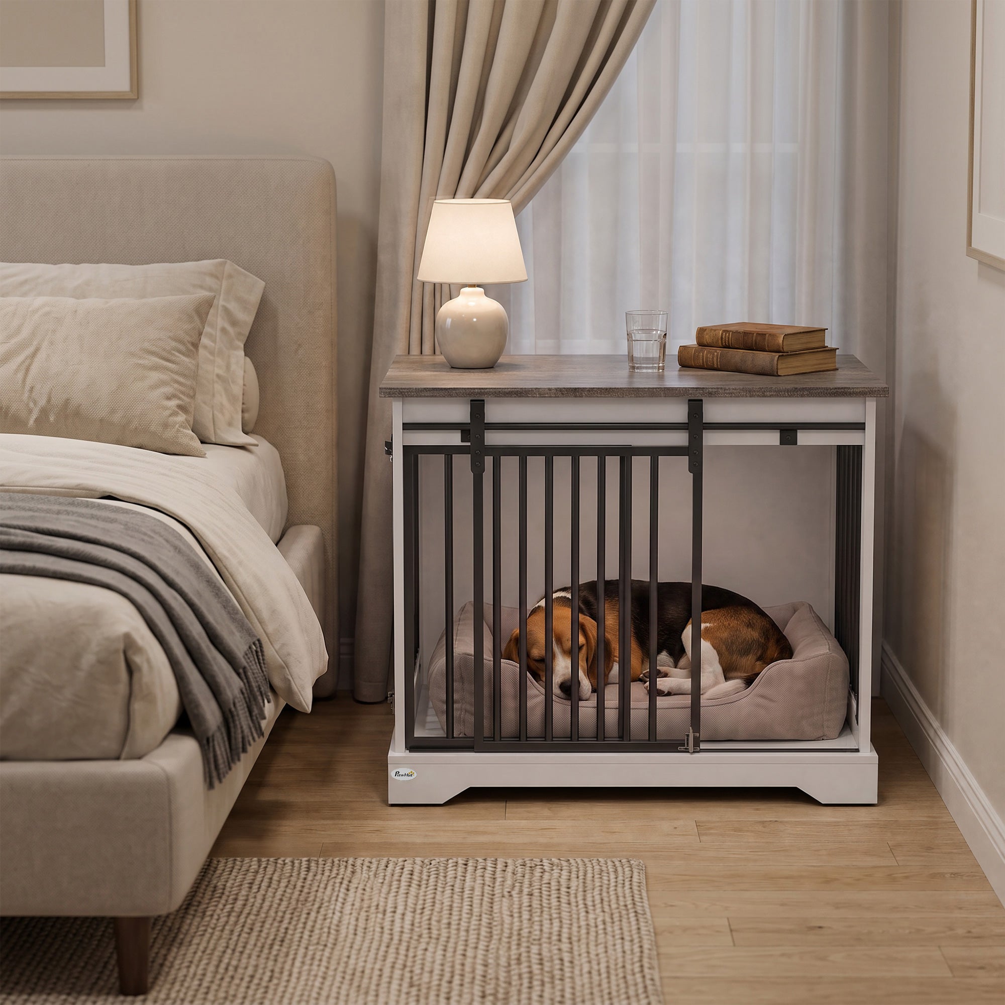 Dog Crate Furniture, 80 cm Double Door Wooden Dog Crate with Sliding Barn Door, Indoor Kennel End Table for Medium Breeds, Anti-Chew Steel Puppy Cage, White