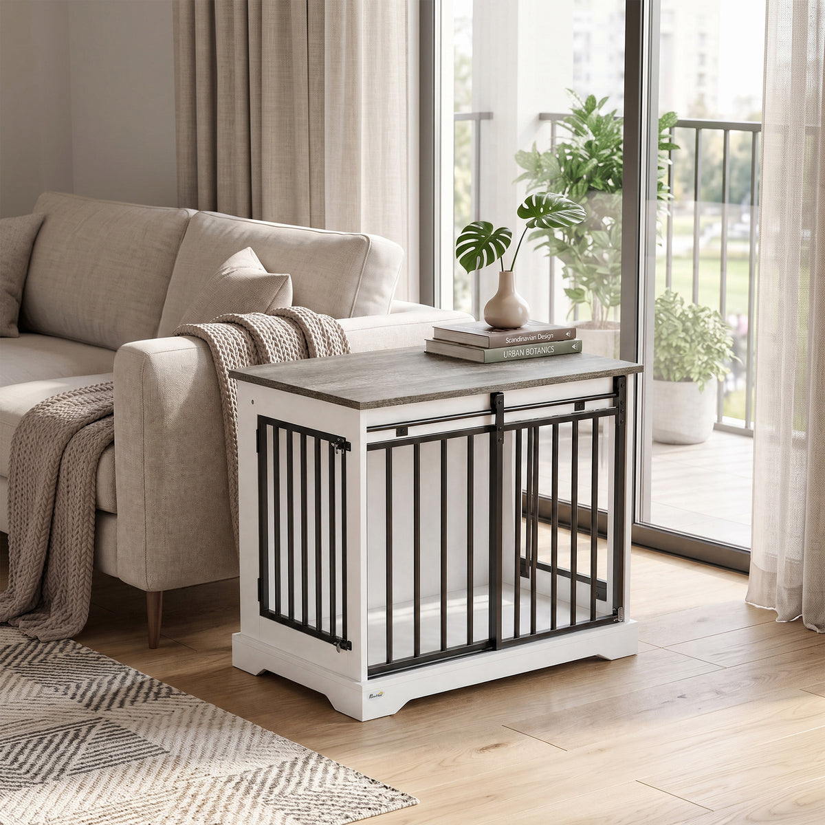 Dog Crate Furniture, 80 cm Double Door Wooden Dog Crate with Sliding Barn Door, Indoor Kennel End Table for Medium Breeds, Anti-Chew Steel Puppy Cage, White