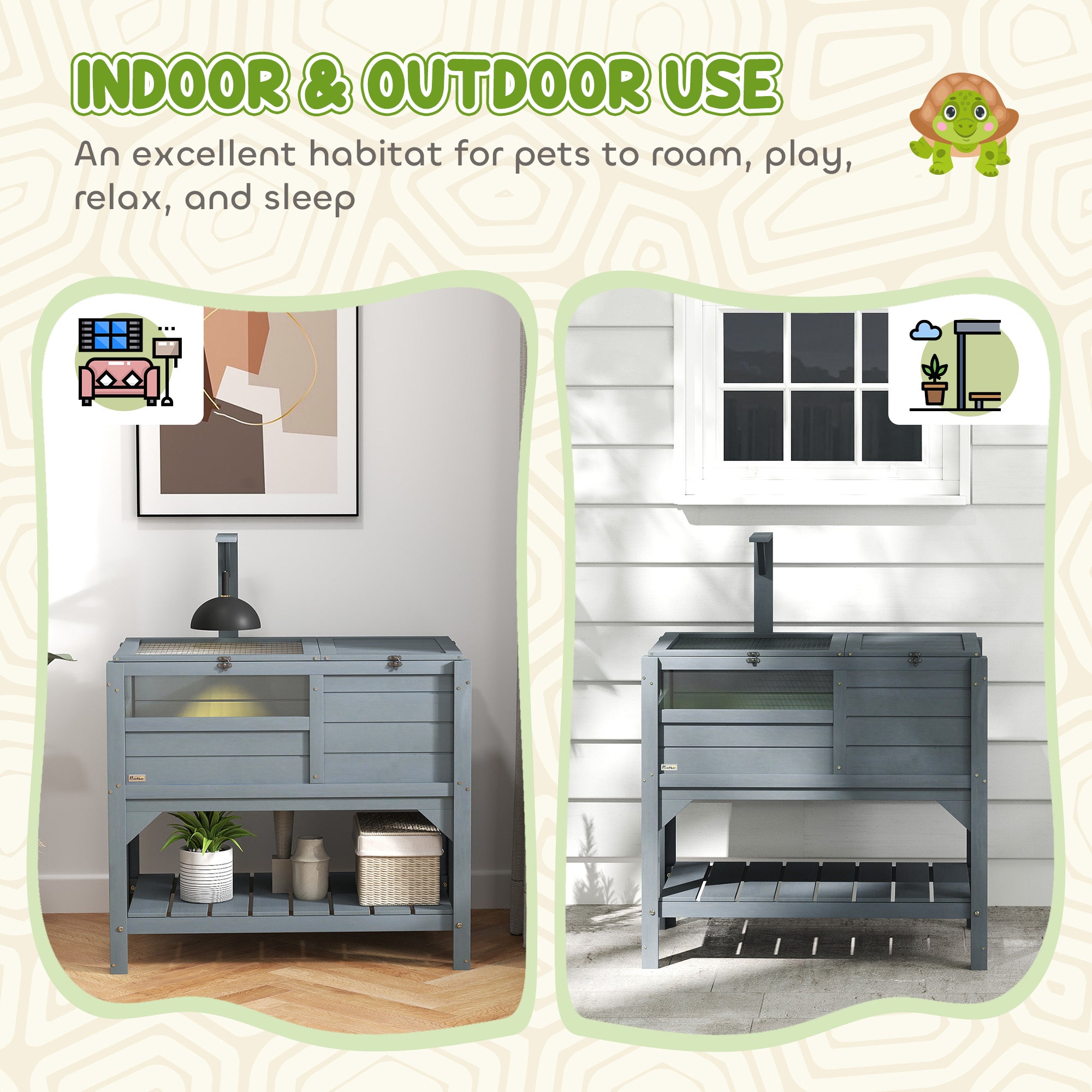 Tortoise Habitat with Shelf Storage, Tortoise Enclosure with Weather Protection, Tortoise Gift Accessory, Reptile Enclosure with Tray, Light Support Frame,  Gray