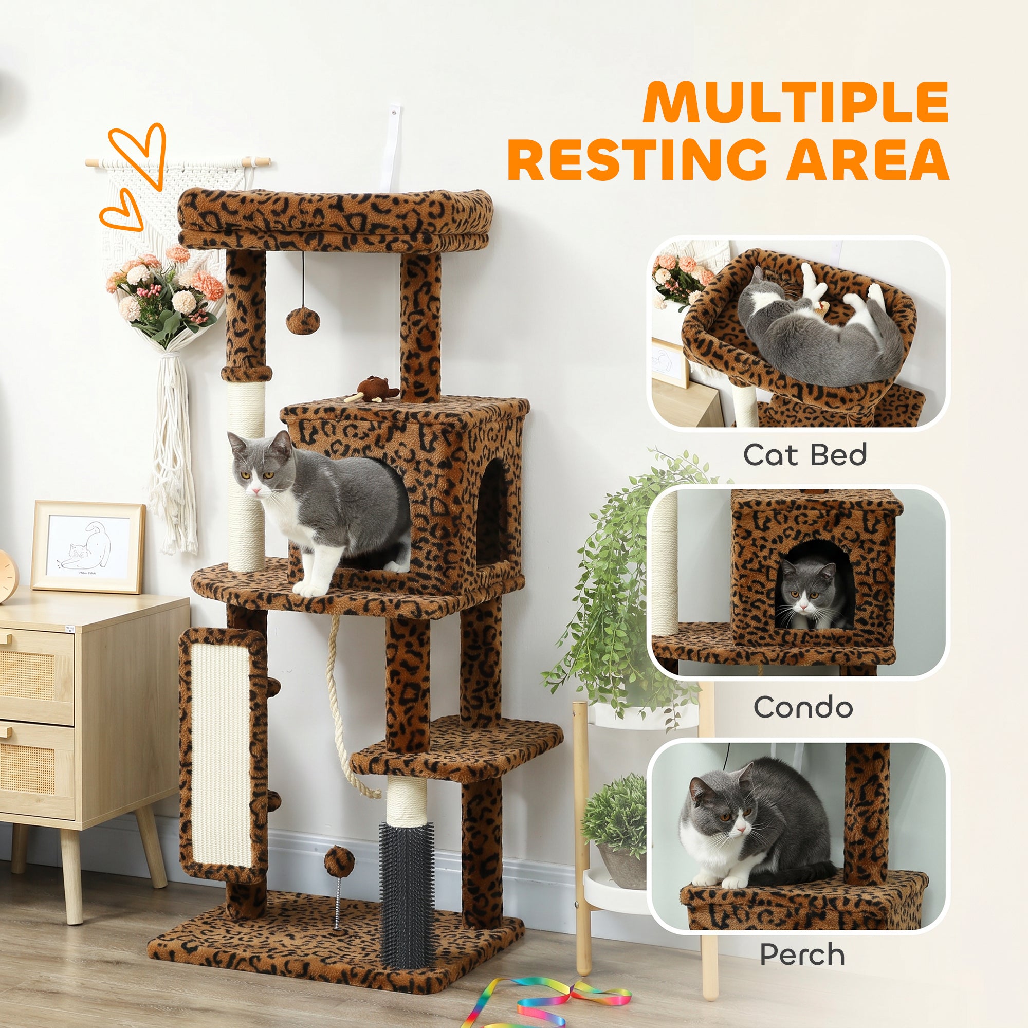 Cat Tree for Large Cat Adults, 52 Inch Cat Tower for Indoor Cats w/ Scratching Posts, Cat Bed, Condo, Jumping Platforms, Toy Balls, Anti-tip Kit, Leopard Print