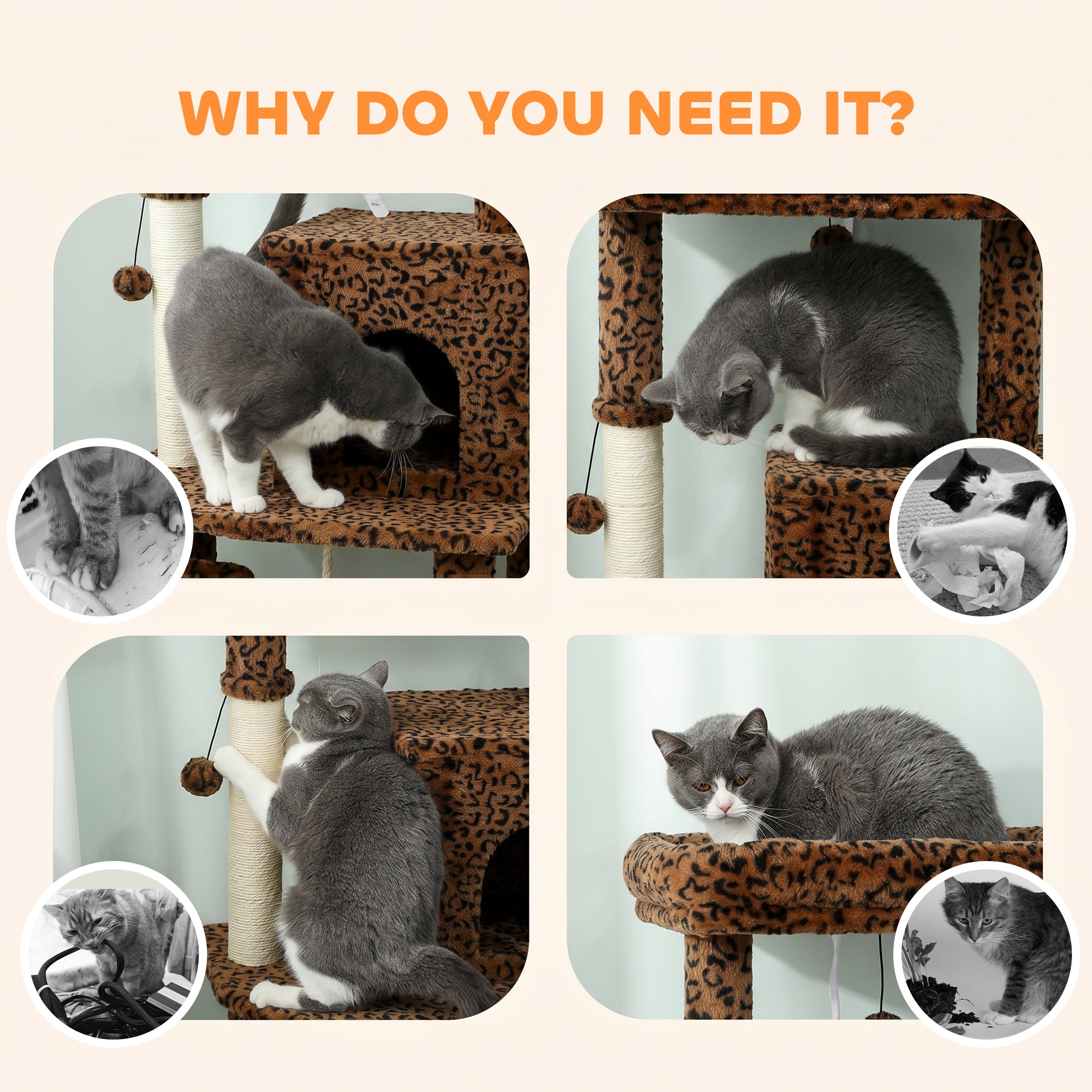 Cat Tree for Large Cat Adults, 52 Inch Cat Tower for Indoor Cats w/ Scratching Posts, Cat Bed, Condo, Jumping Platforms, Toy Balls, Anti-tip Kit, Leopard Print