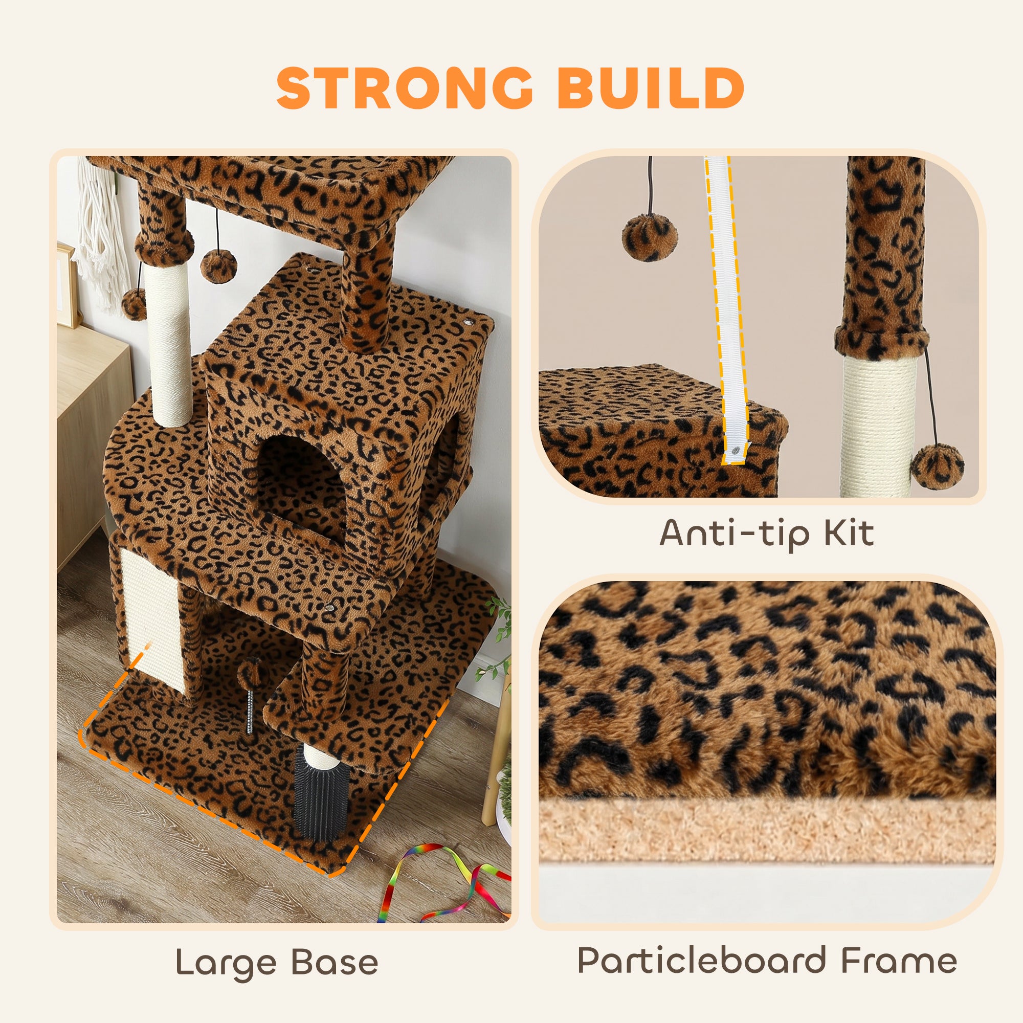 Cat Tree for Large Cat Adults, 52 Inch Cat Tower for Indoor Cats w/ Scratching Posts, Cat Bed, Condo, Jumping Platforms, Toy Balls, Anti-tip Kit, Leopard Print