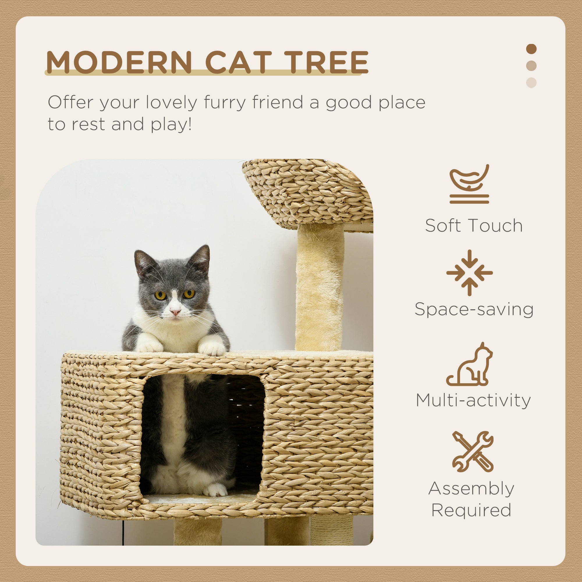 95cm Cat Tree for Indoor Cats, Cat Tower with Scratching Posts, Ramp, Condo, Toy Balls, Platform, Bed, Ramp - Beige