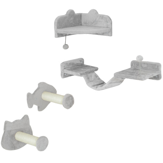 Cat Wall Shelves, 4 Piece Wall-Mounted Cat Tree with Steps, Ladder, Jumping Platforms, Scratching Posts, Toy Ball, Cat Wall Furniture for Indoor Cats, Light Grey