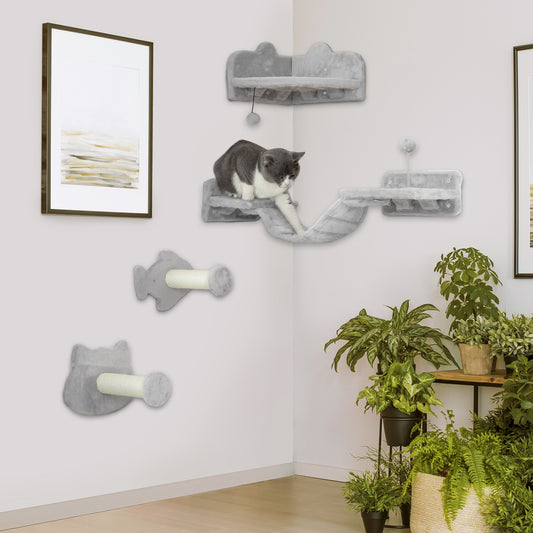 Cat Wall Shelves, 4 Piece Wall-Mounted Cat Tree with Steps, Ladder, Jumping Platforms, Scratching Posts, Toy Ball, Cat Wall Furniture for Indoor Cats, Light Grey