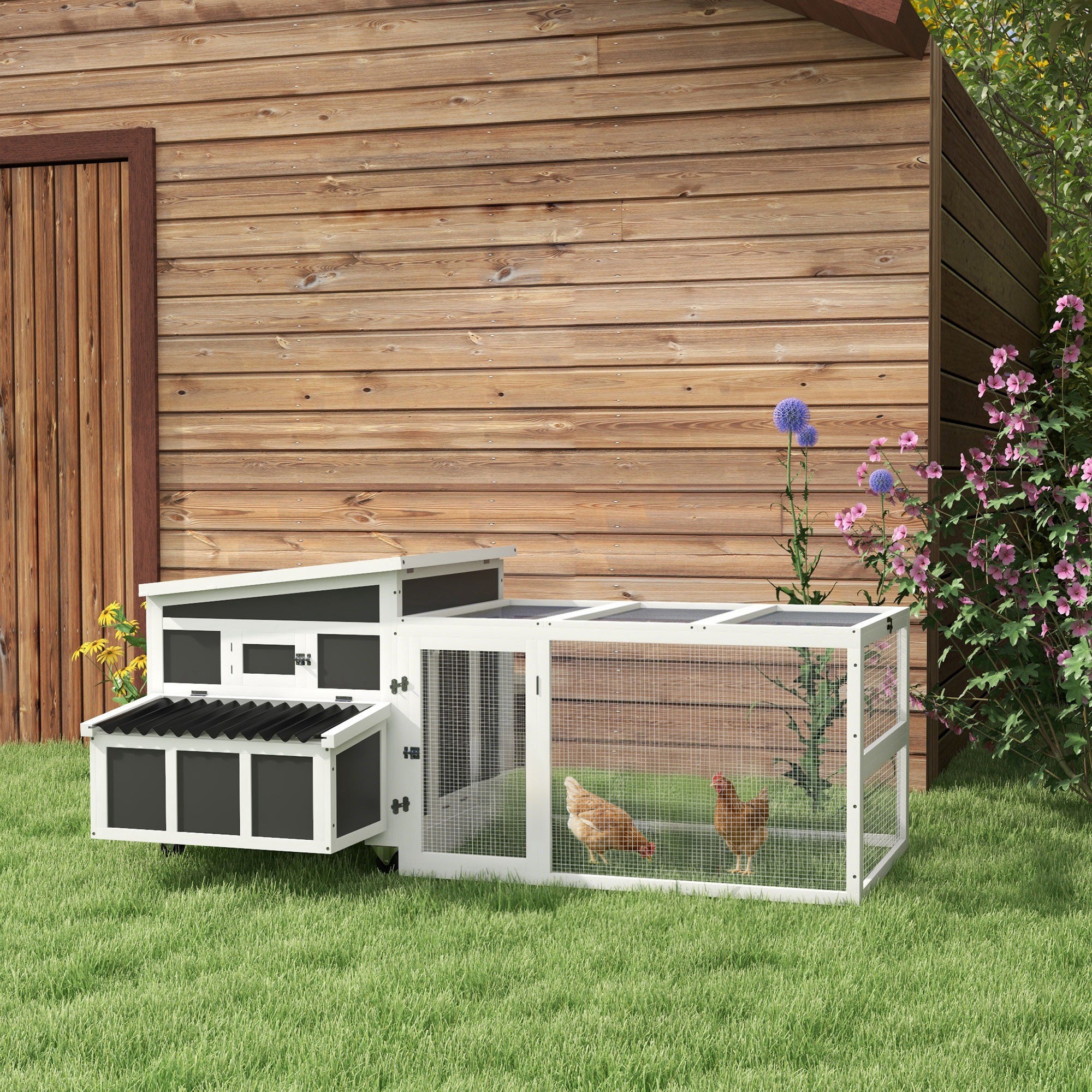 Wooden Chicken Coop for 6 Chickens, Rabbit Hutch with Large Run, Outdoor Poultry Cage Duck Coop Hen House with Nesting Box, Tray, Windows, Dark Grey