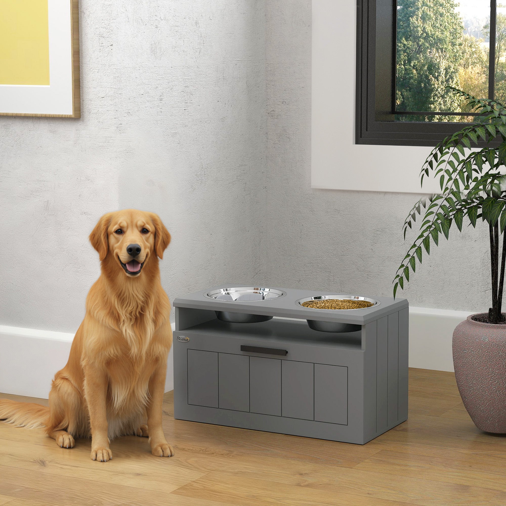 Raised Dog Bowl, Elevated Pet Bowls with Slow Feeder, Two Stainless Steel Bowls, Drawer, for Large & Extra Large Dogs, Grey