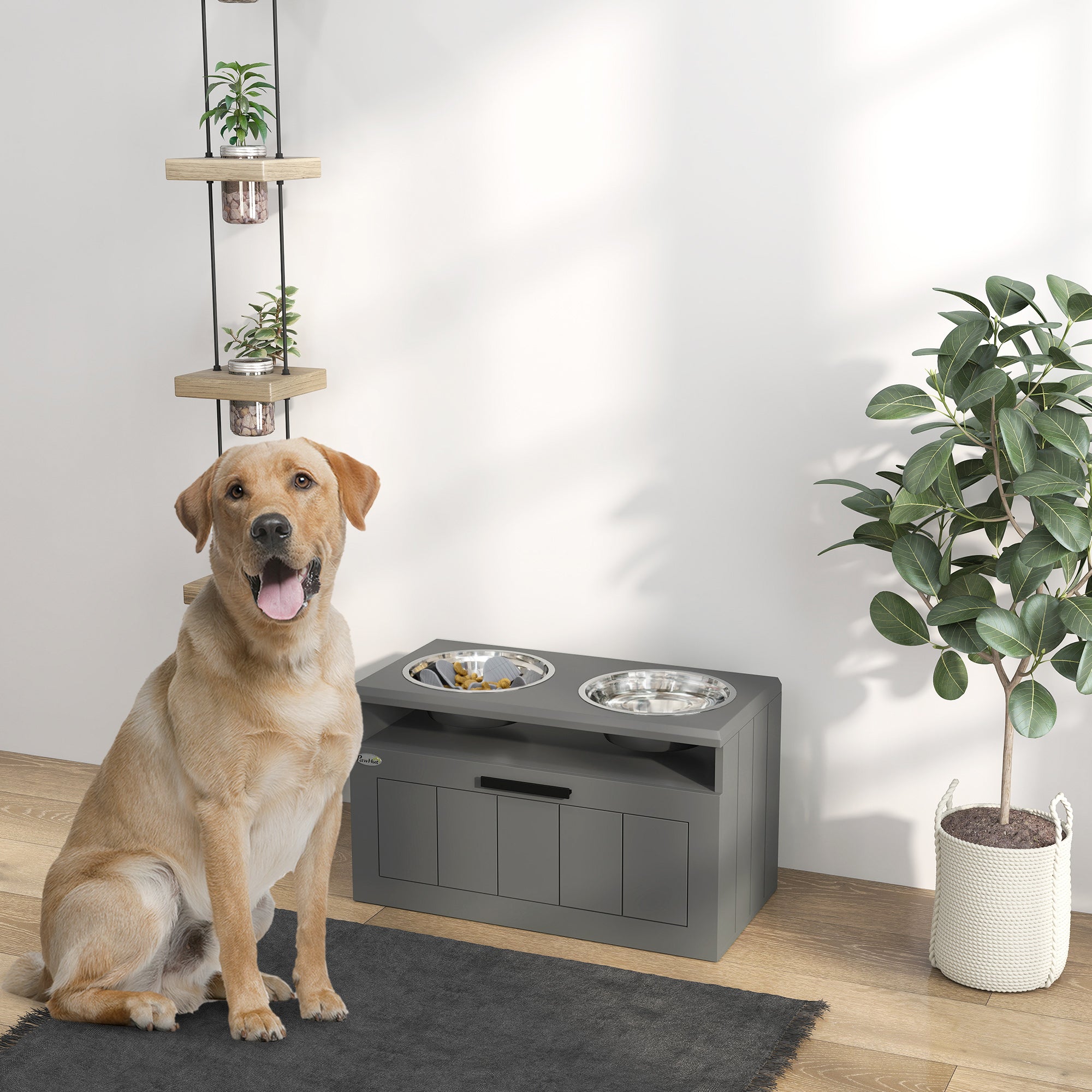 Elevated Dog Bowls, Raised Dogs Bowl Stand with 2 Stainless Steel Bowls, 25L Storage Drawer and Slow Feeder Mat, Dog Feeding Station for Large and Extra Large Dogs, Gray