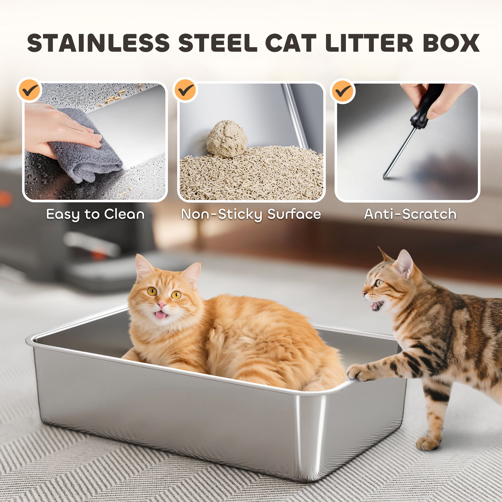 XL Stainless Steel Litter Box with Lid, 80L Extra Large Enclosed Cat Litter Box with Front/Top Entry, Trapping Step, Scoop, for Large Big Cats, Dark Grey