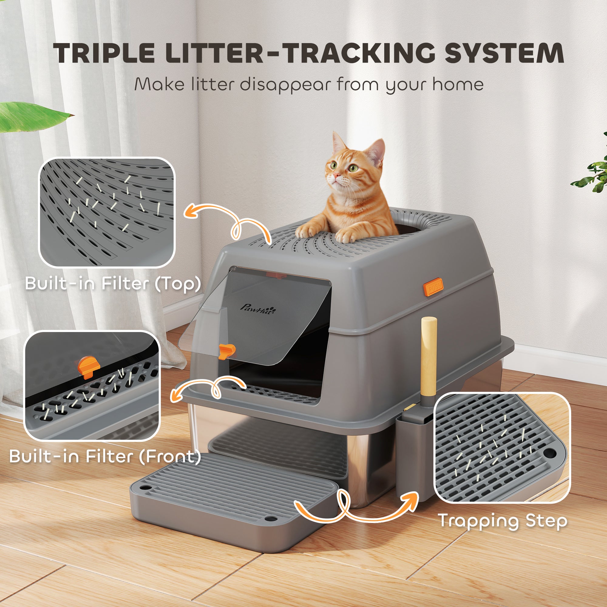 XL Stainless Steel Litter Box with Lid, 80L Extra Large Enclosed Cat Litter Box with Front/Top Entry, Trapping Step, Scoop, for Large Big Cats, Dark Grey