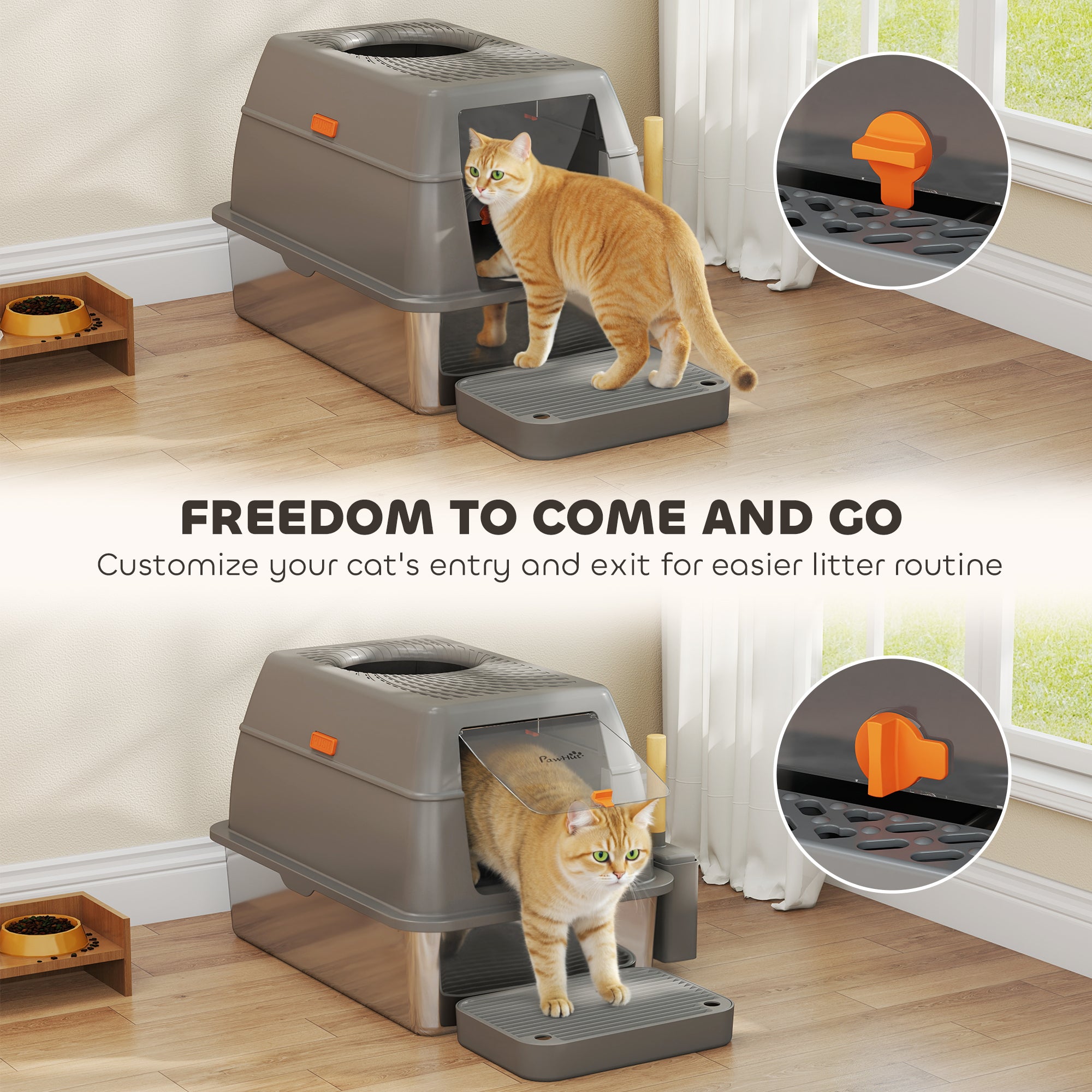 XL Stainless Steel Litter Box with Lid, 80L Extra Large Enclosed Cat Litter Box with Front/Top Entry, Trapping Step, Scoop, for Large Big Cats, Dark Grey